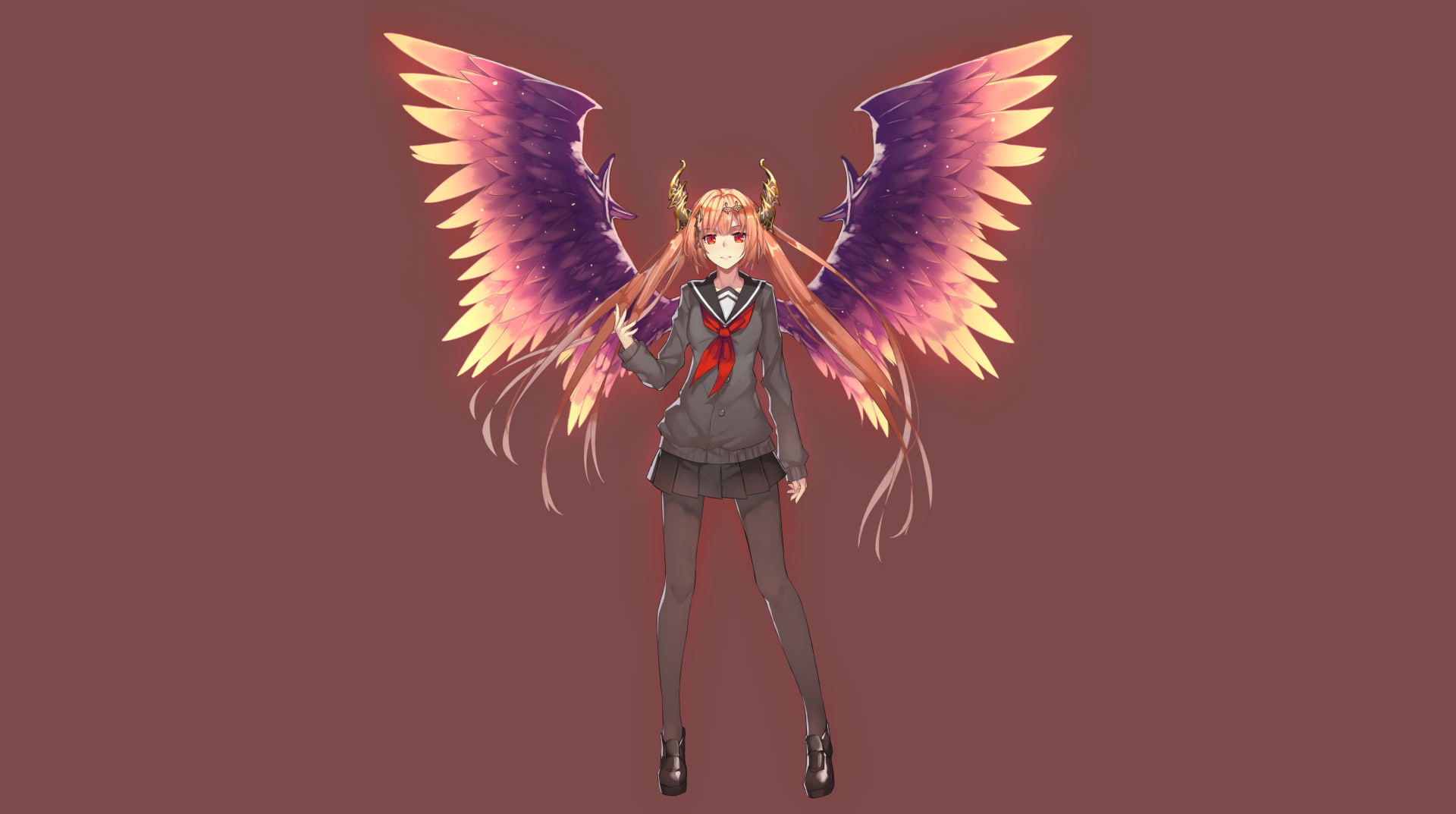 1080P, Wings, Smile, Red Eyes, Horns, Girl, School Uniform, Video Game, Rage of Bahamut, Brown Hair, Shoe, Dark Angel Olivia, Long Hair, Skirt, HD Wallpaper