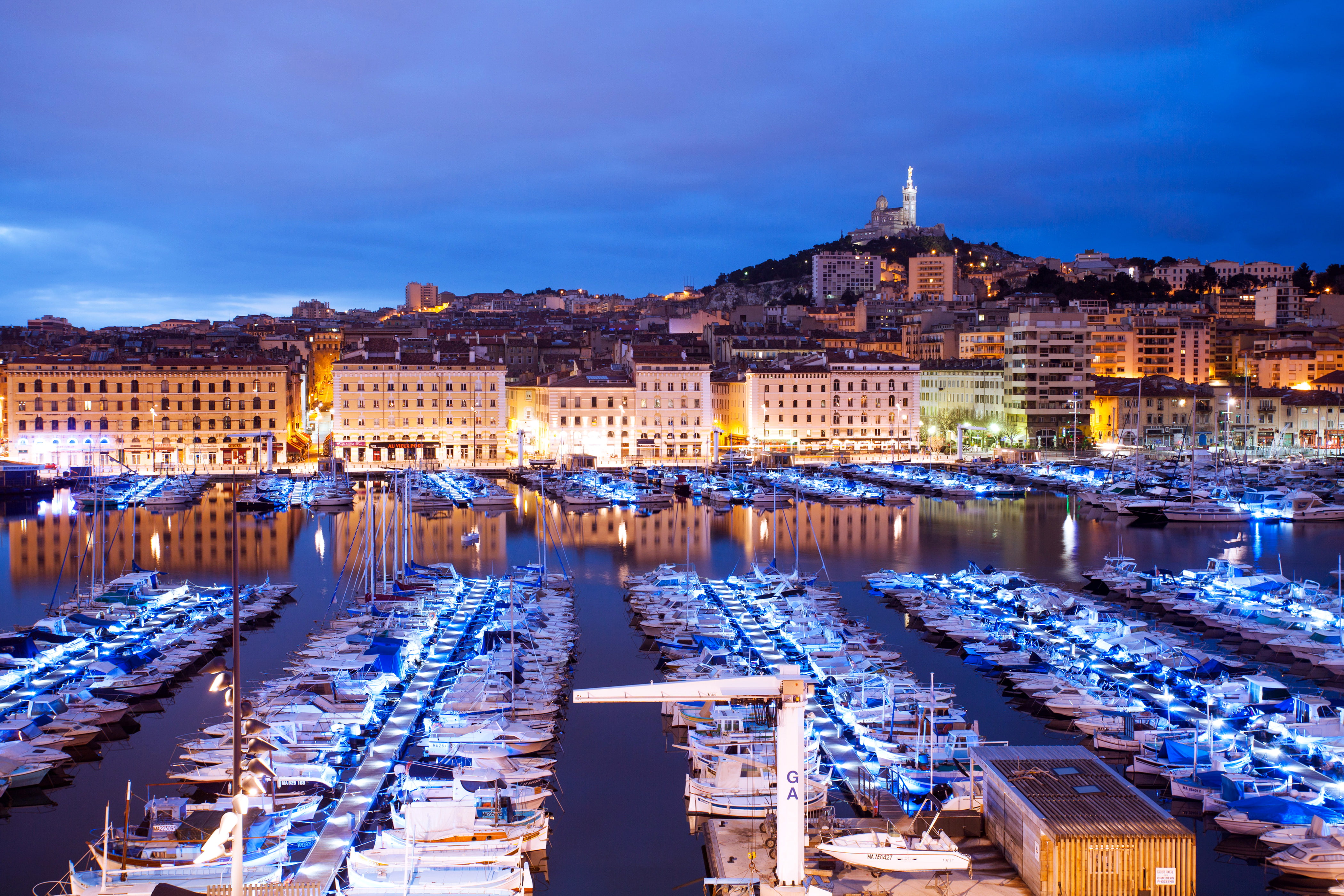 France, 4K, home, piers, yachts, lights, the evening, boats, Marseille, HD Wallpaper