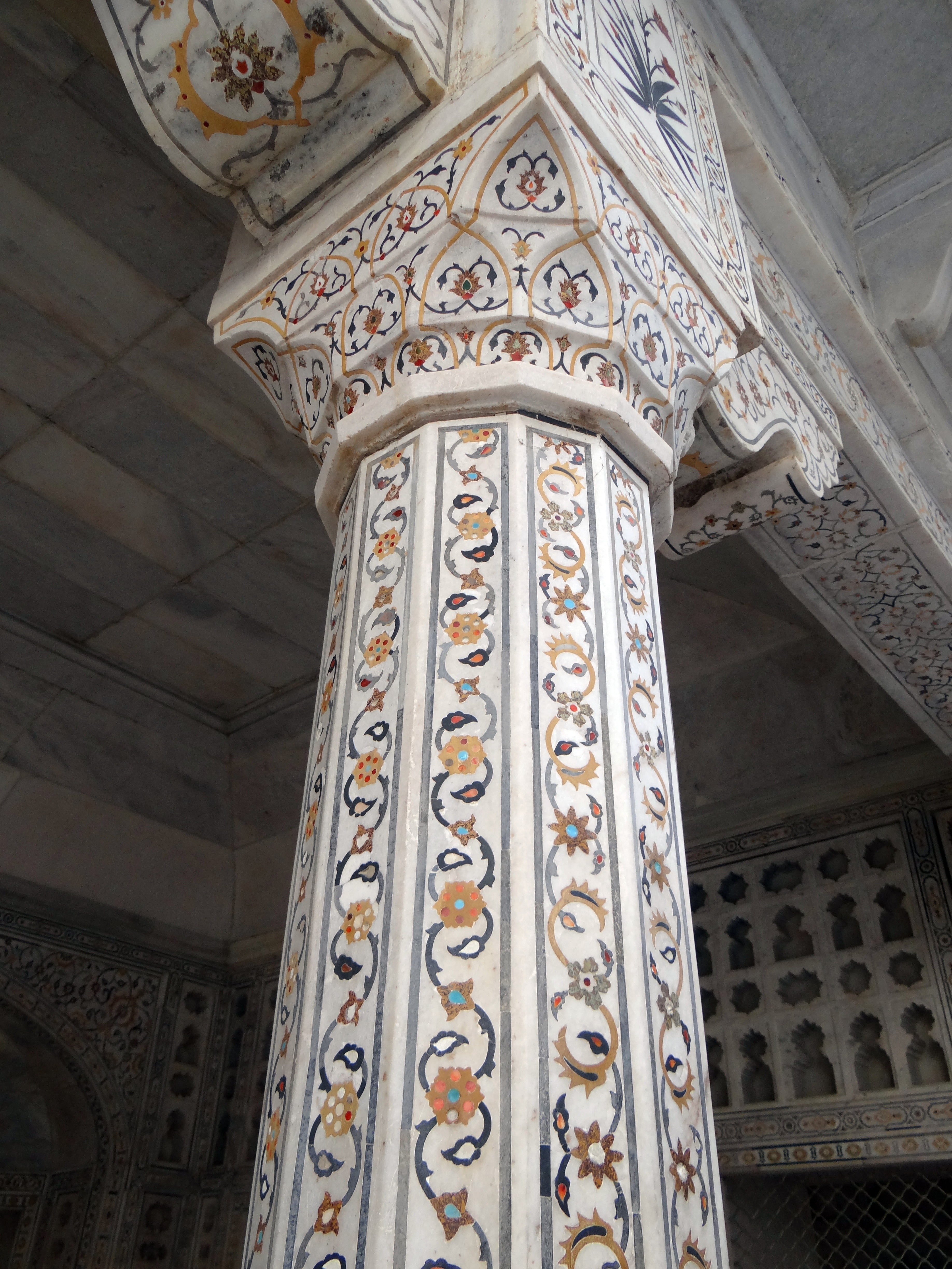 pattern, arch, art and craft, architectural column, castle, history, palace, 4K, pillar, cornice, agra, floral pattern, india, musamman burj, marble inlay, Phone HD Wallpaper