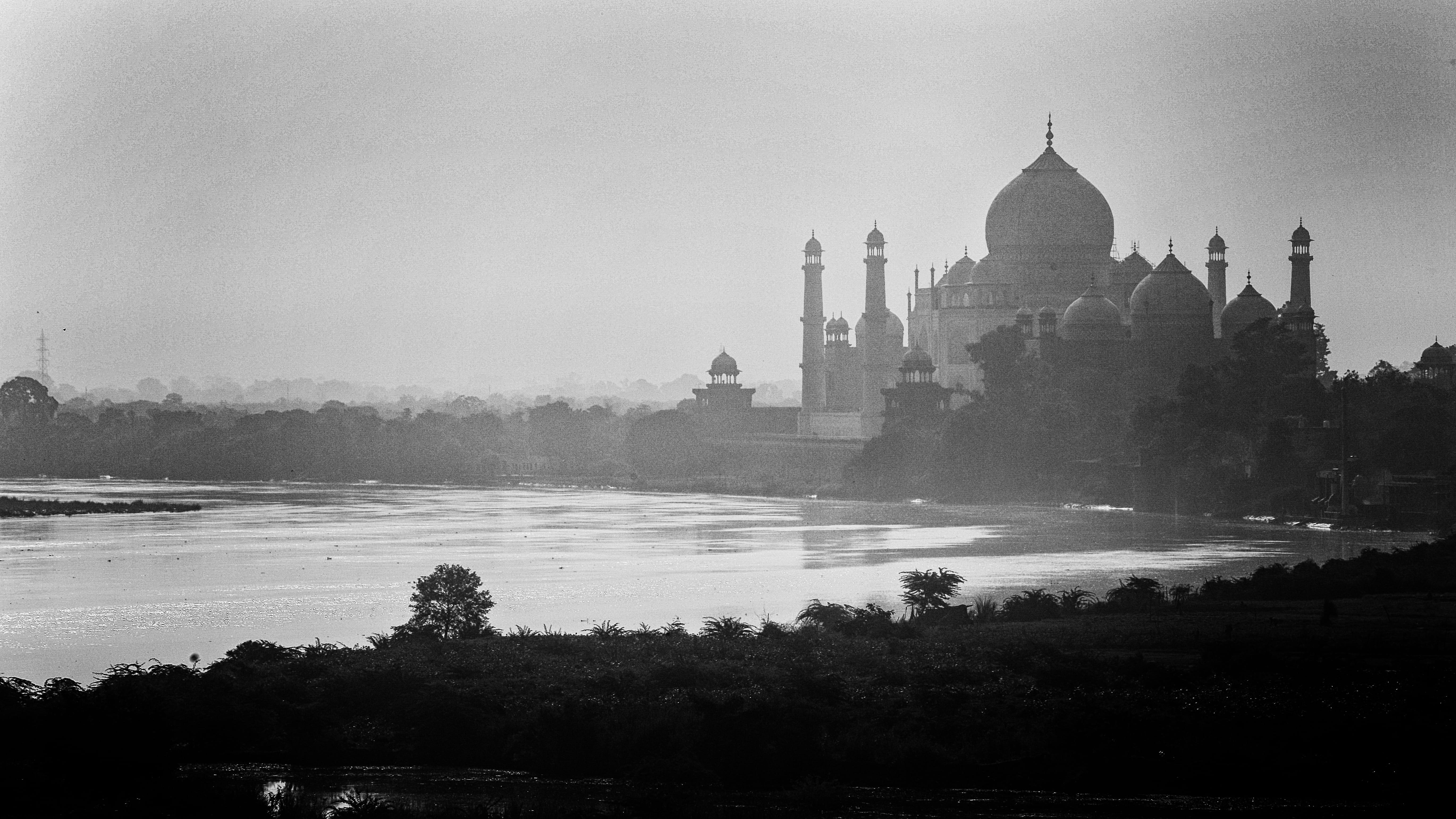 tower, religion, travel, water, building exterior, fog, belief, city, weather, agra, built structure, tree, landscape, no people, india, 5K, travel destinations, HD Wallpaper