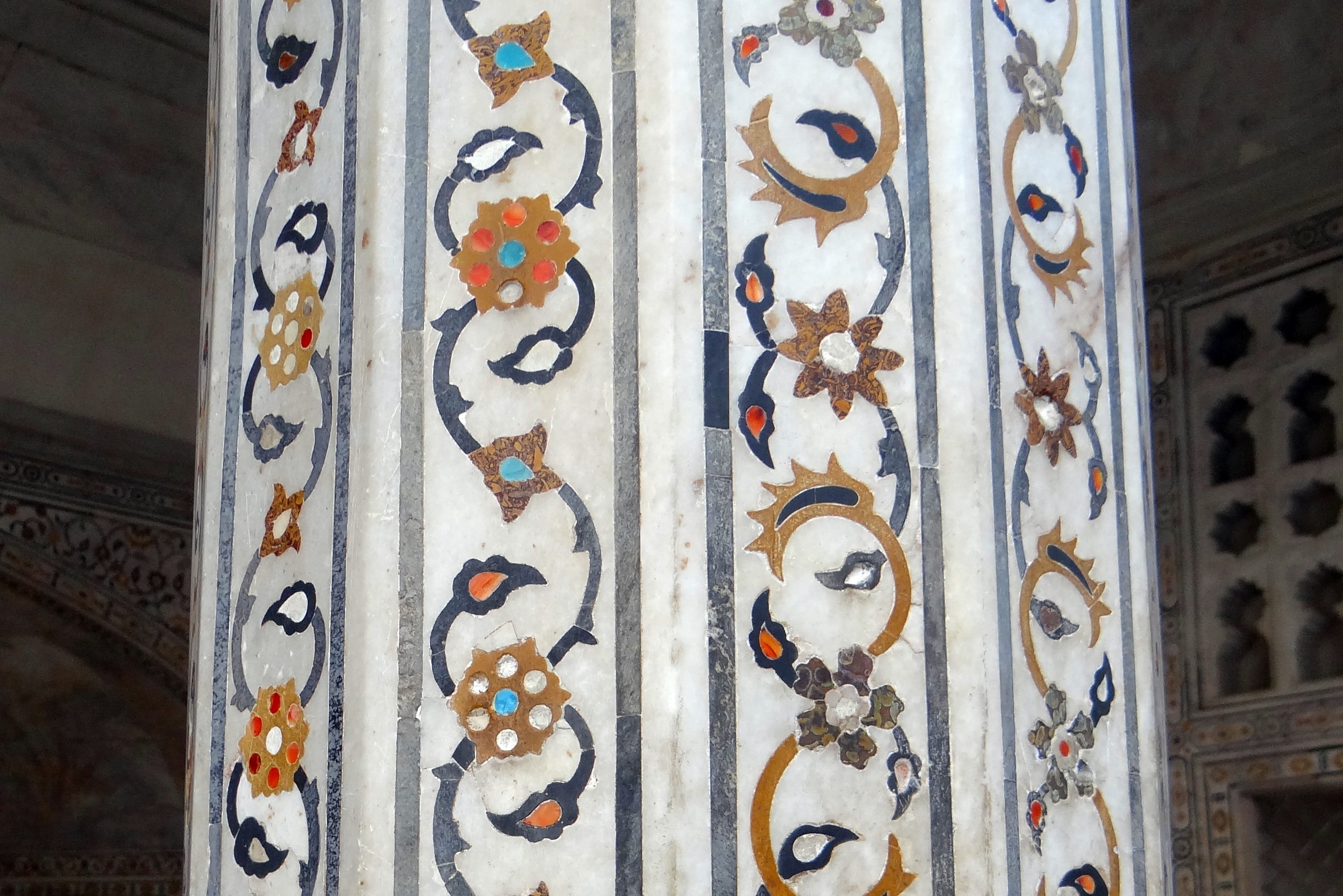 pattern, no people, agra fort, wall - building feature, close-up, religion, ornate, building, Pillar, Interior, day, Marble Inlay, belief, india, 2K, white marble, HD Wallpaper