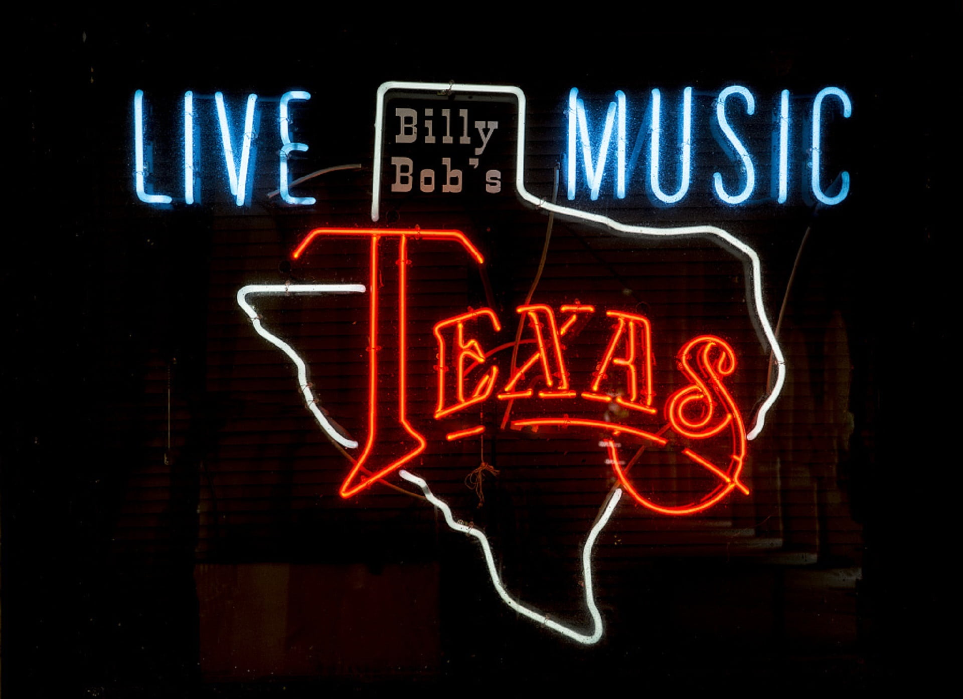 live, text, nightclub, eating, business, night, s, famous, landmark, 1080P, sign, blue, glowing, dark, communication, stockyards, restaurant, neon, billy bobs, HD Wallpaper