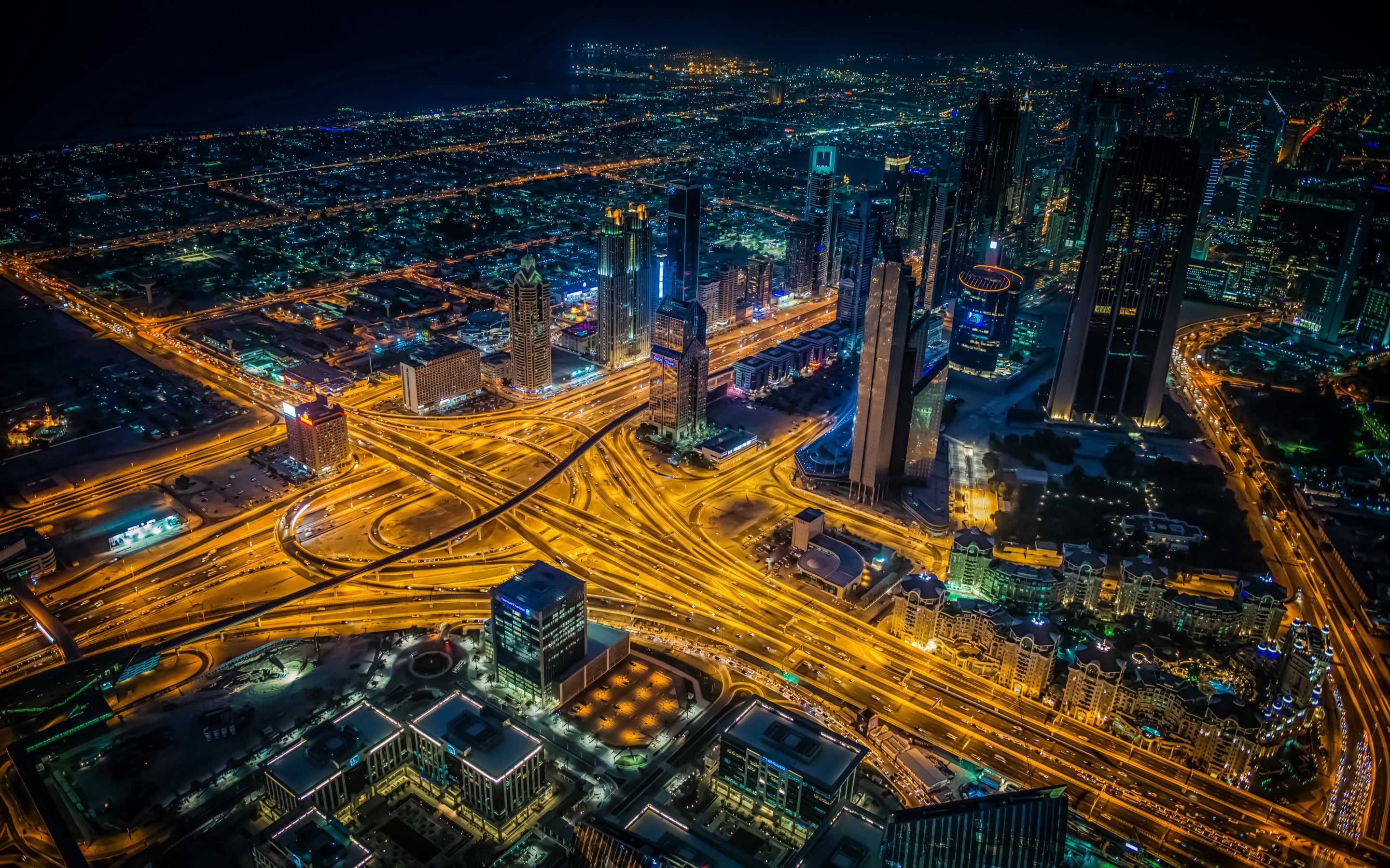 highway, multiple lane highway, illuminated, buildins, 2K, no people, photo, street, road, night, Dubai, bridge - man made structure, city life, skyscraper, HD Wallpaper