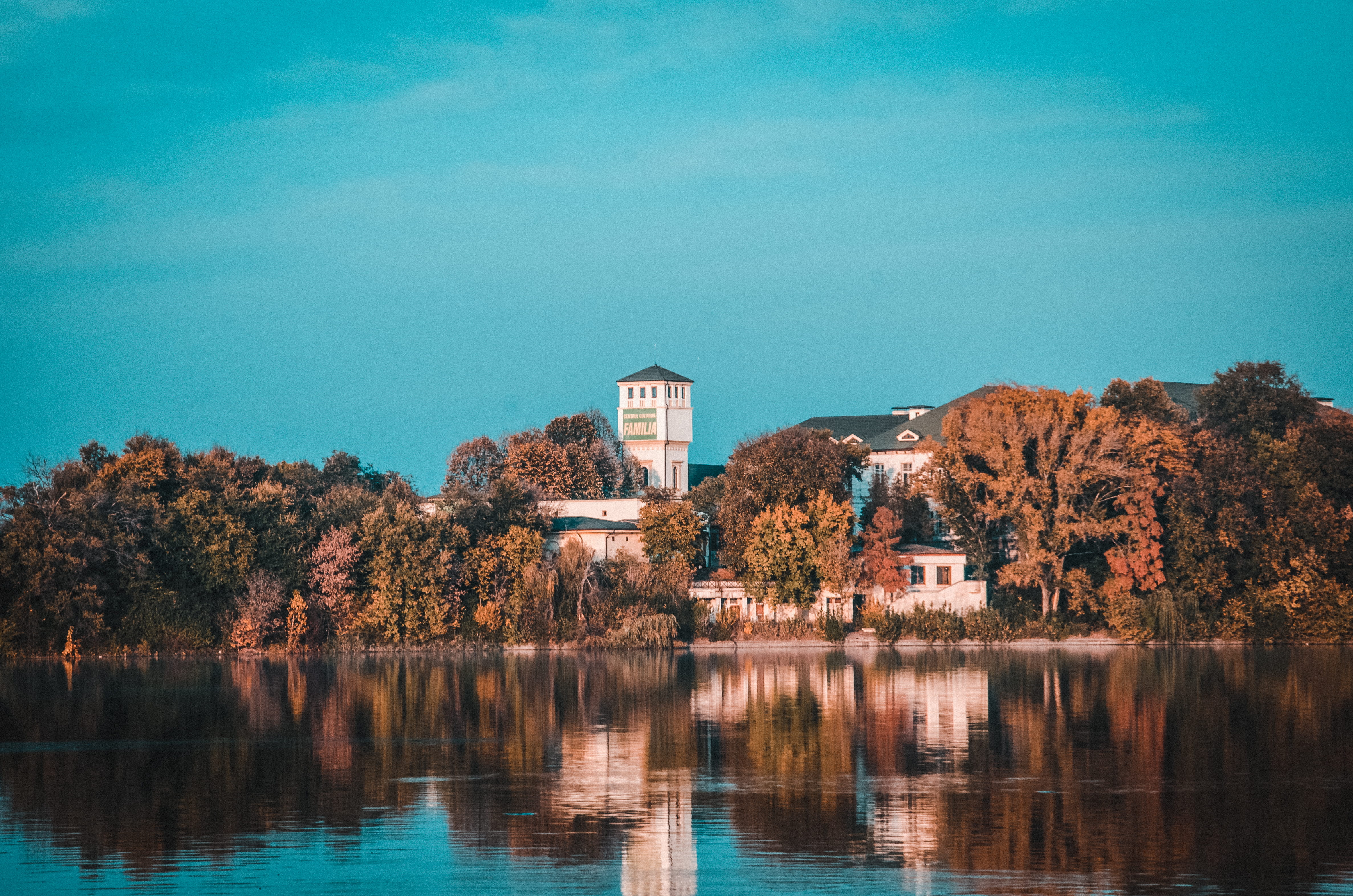 photography, near, change, autumn, trees, forest, buildins, tree, building exterior, city, bush, 4K, lake, daytime, built structure, scenics - nature, HD Wallpaper