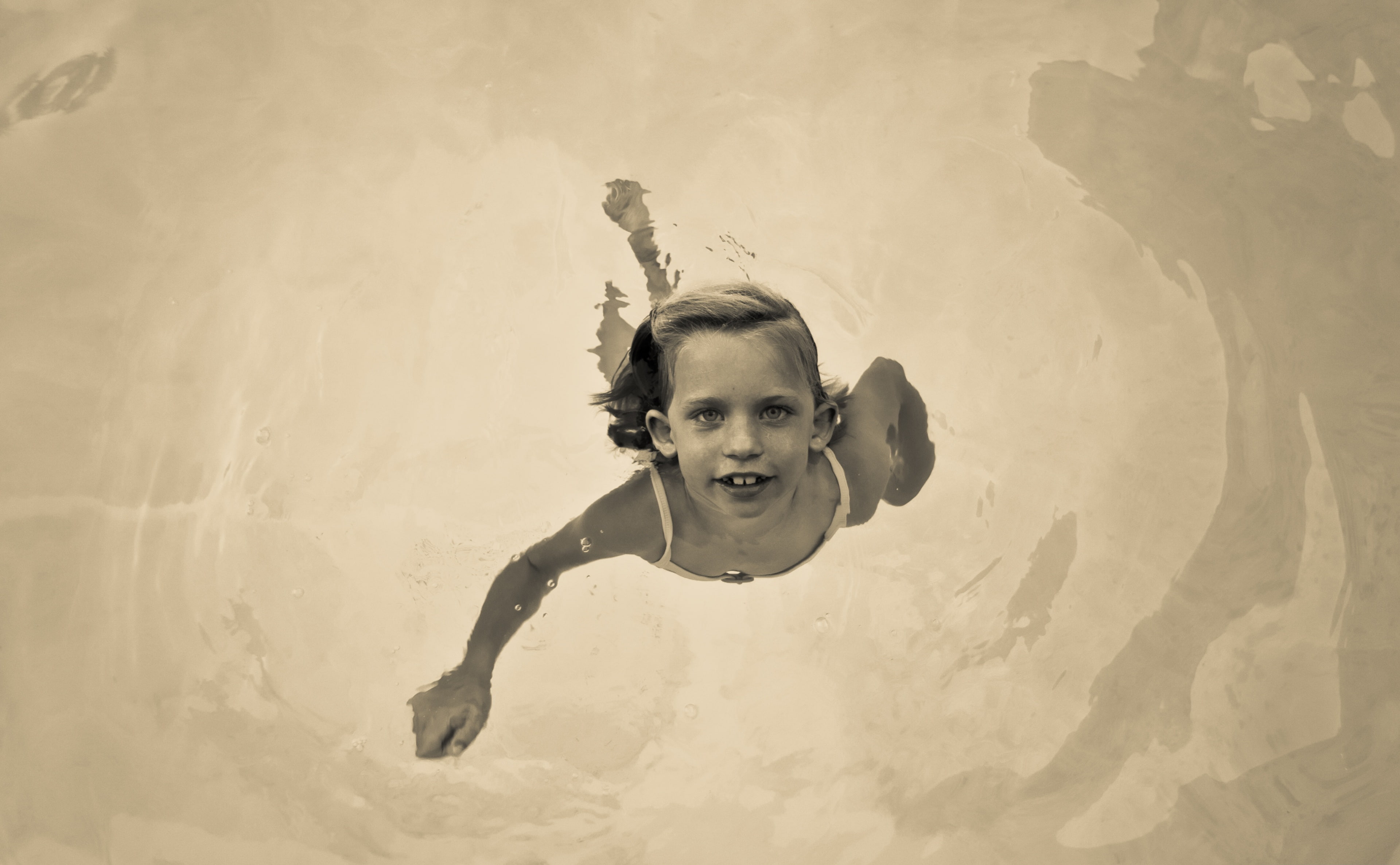 one person, males, looking at camera, innocence, Holly, Sepia, smiling, real people, united states, Swimming, California, child, usa, grayscale, happiness, HD Wallpaper