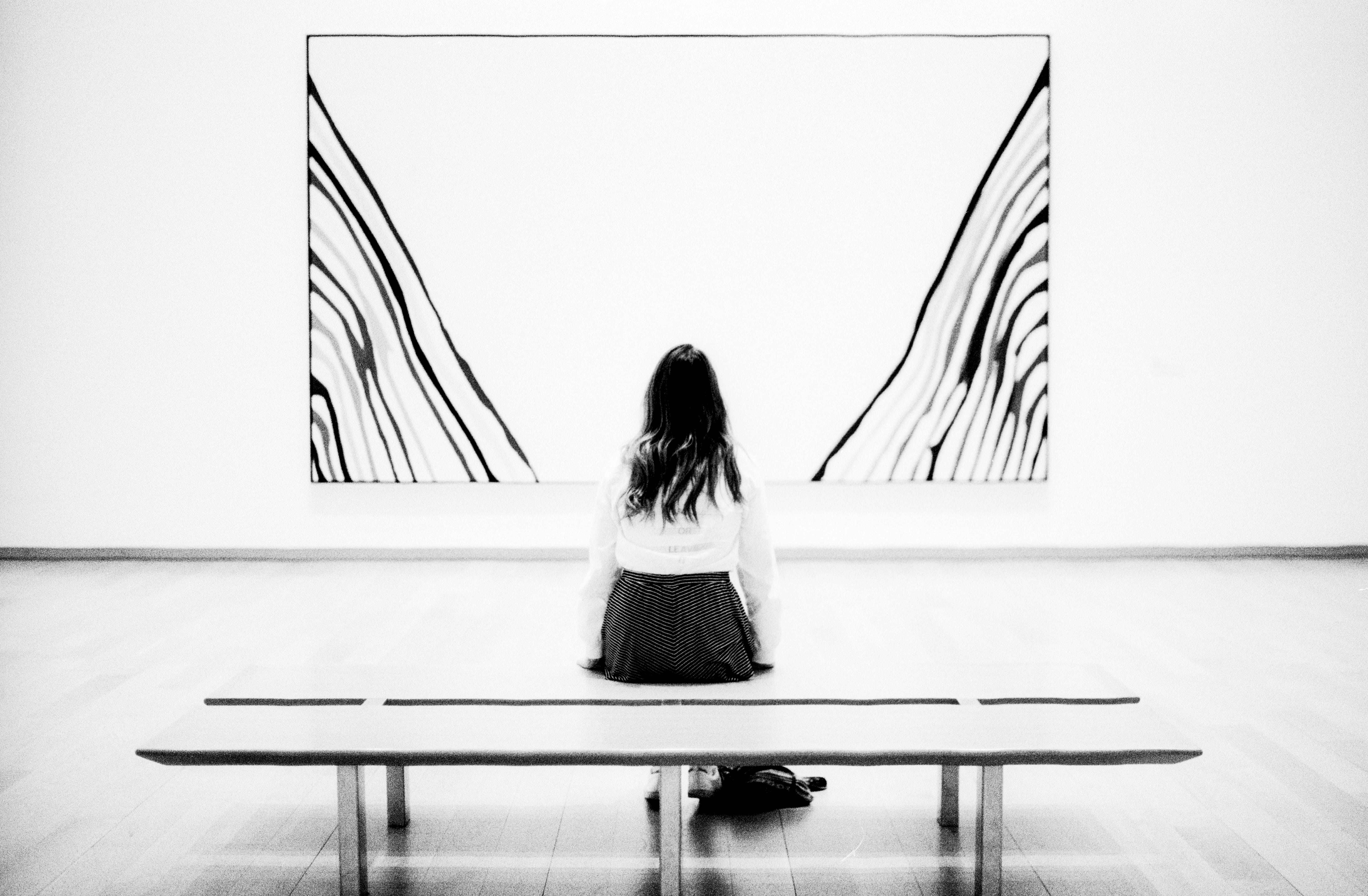 museum, photo, sitting, hairstyle, grayscale, lifestyles, clothing, long hair, woman, one person, women, adult, united states, skirt, day, relaxation, real people, HD Wallpaper