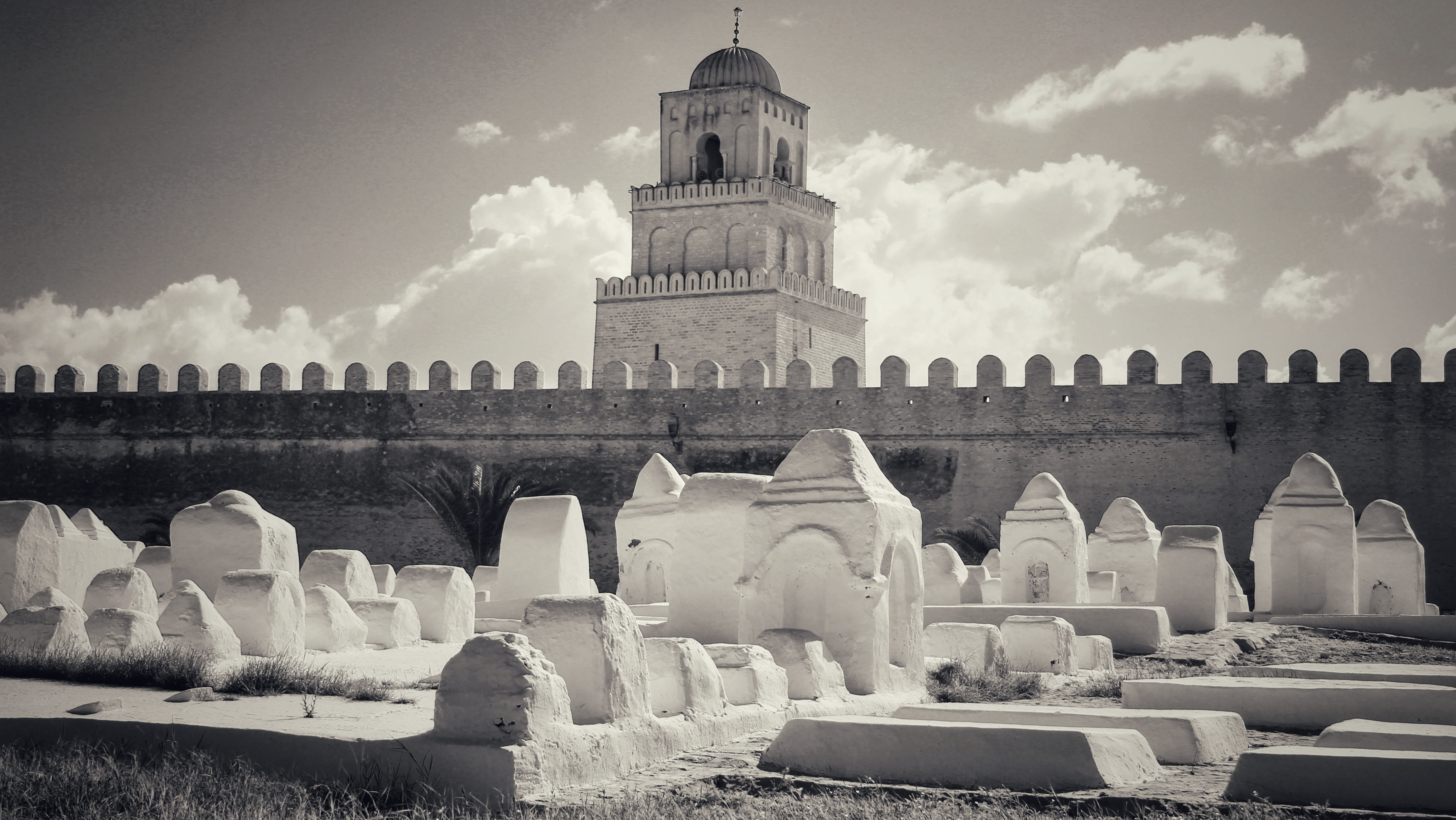 monuments, 4K, the past, belief, tunisia, black and white, tower, no people, building exterior, architecture, nature, sunlight, old, travel, low angle view, HD Wallpaper