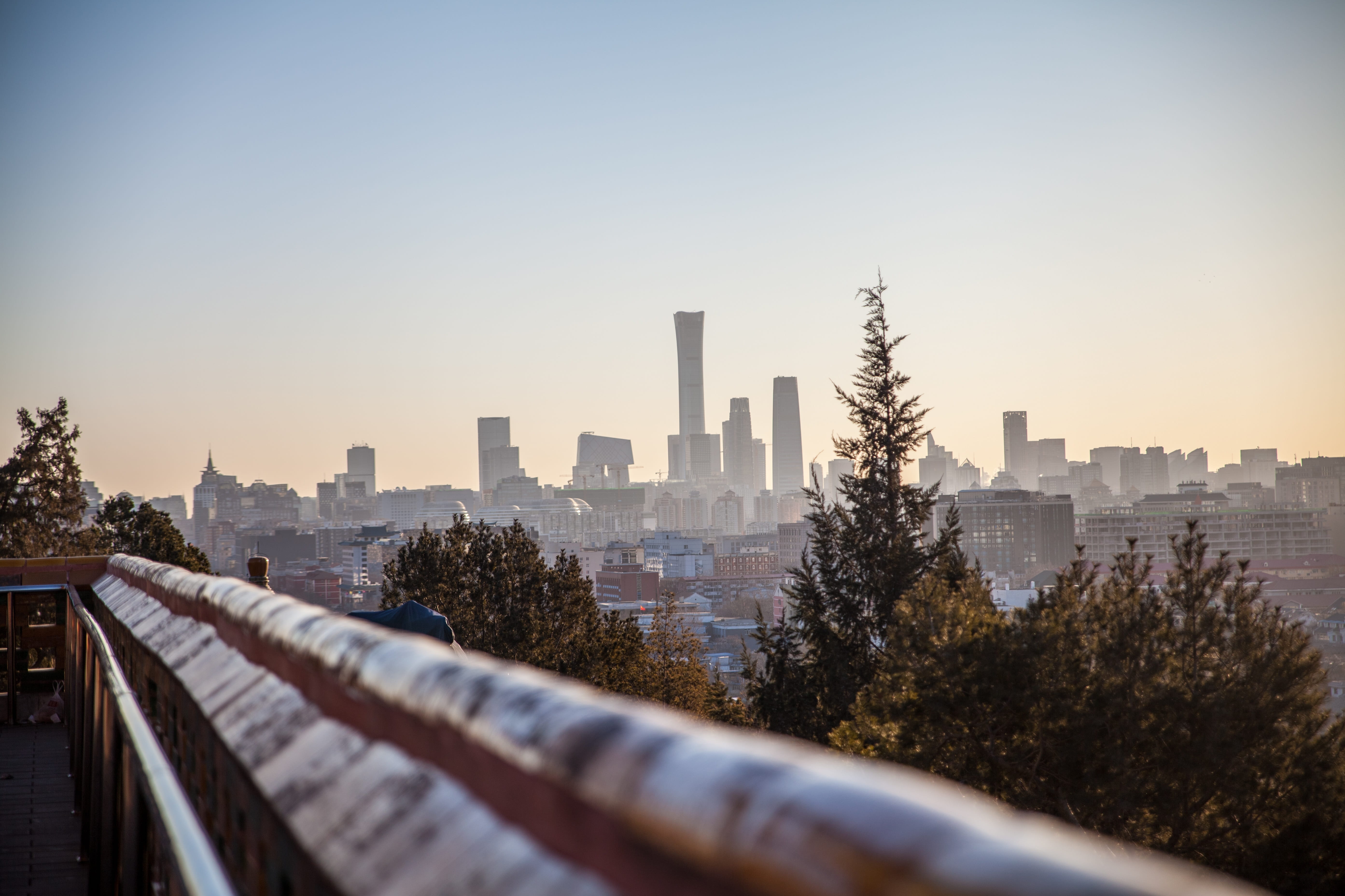 no people, outdoors, tall - high, building, jingshan park, tower, cityscape, sky, plant, tree, morning, city life, clear sky, 5K, skyscraper, financial district, HD Wallpaper