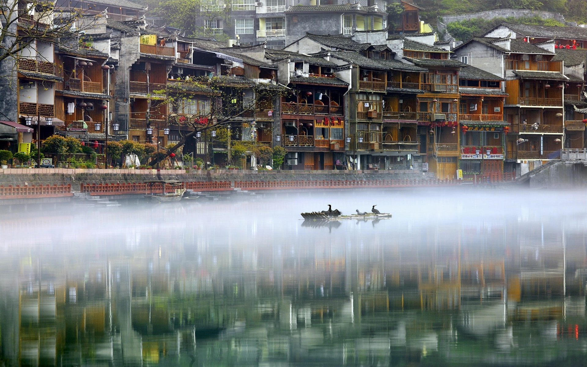 nature, Phoenix Ancient Town, water, birds, landscape, river, photography, China, 1080P, house, mist, reflection, HD Wallpaper