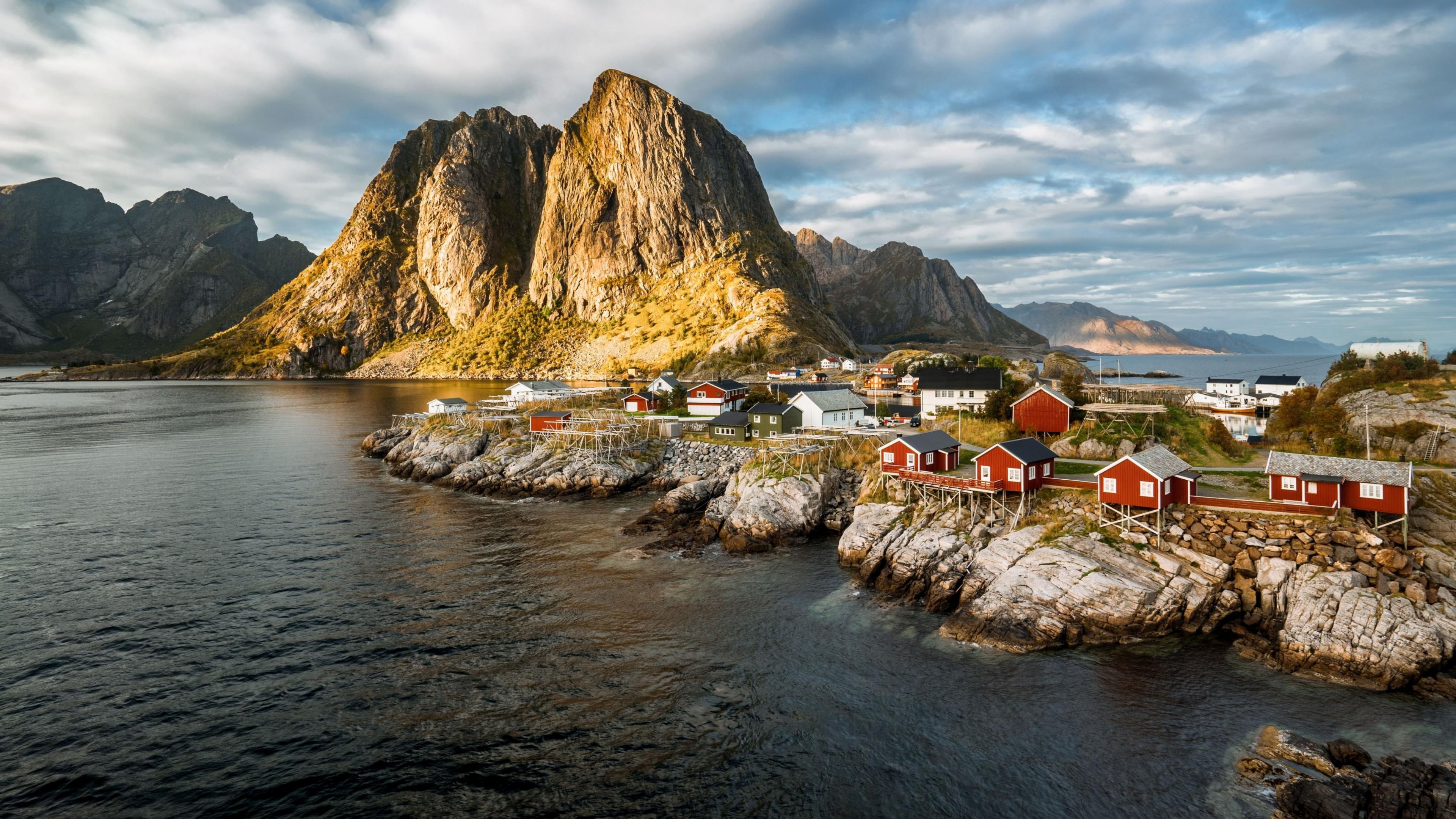 red houses, fjord, coast, scenics - nature, village, countryside, fishing village, bay, built structure, building exterior, cloud - sky, solid, panorama, HD Wallpaper