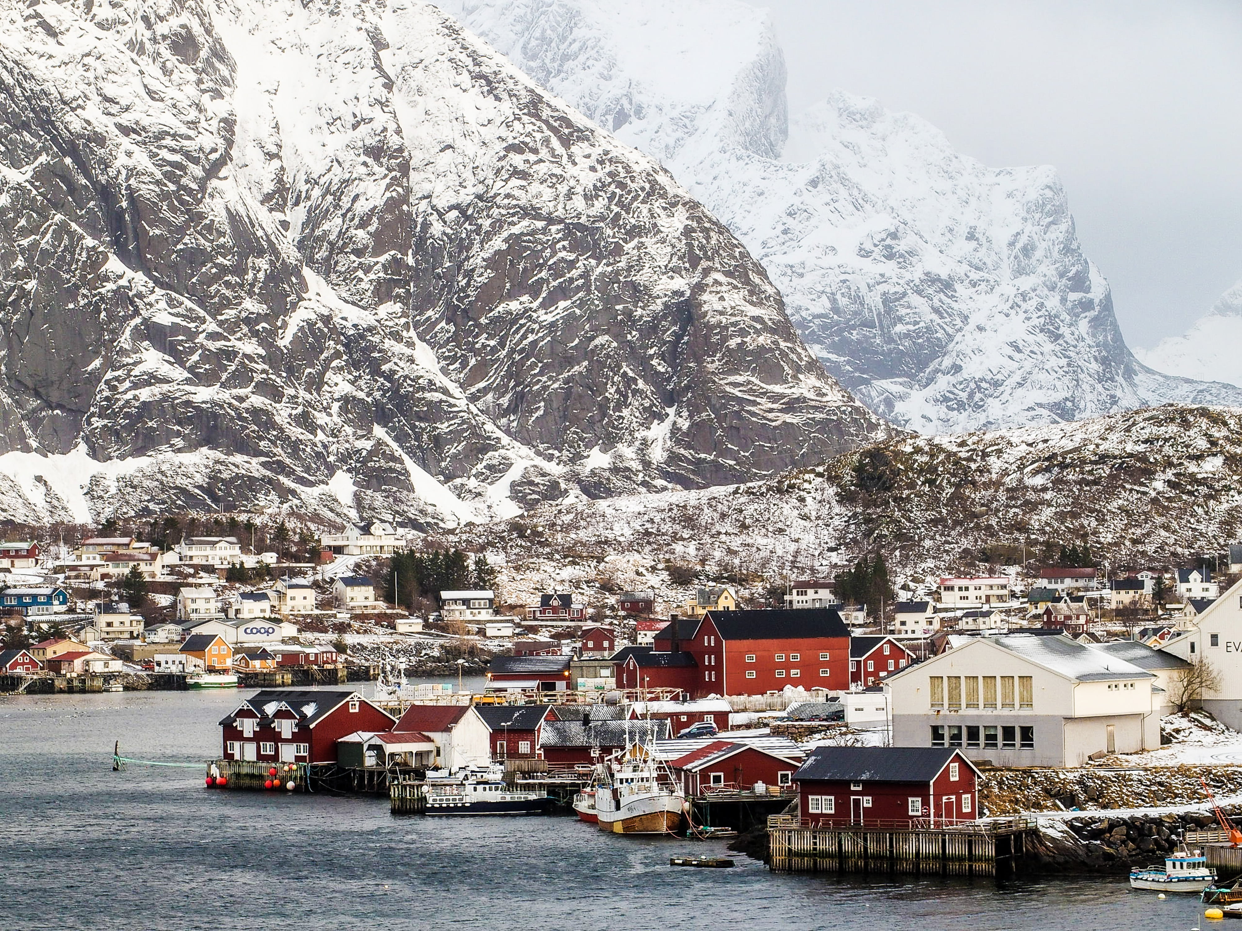 cold temperature, covered, building exterior, near, transportation, 4K, day, daytime, snowcapped mountain, built structure, nautical vessel, fjord, concrete, HD Wallpaper