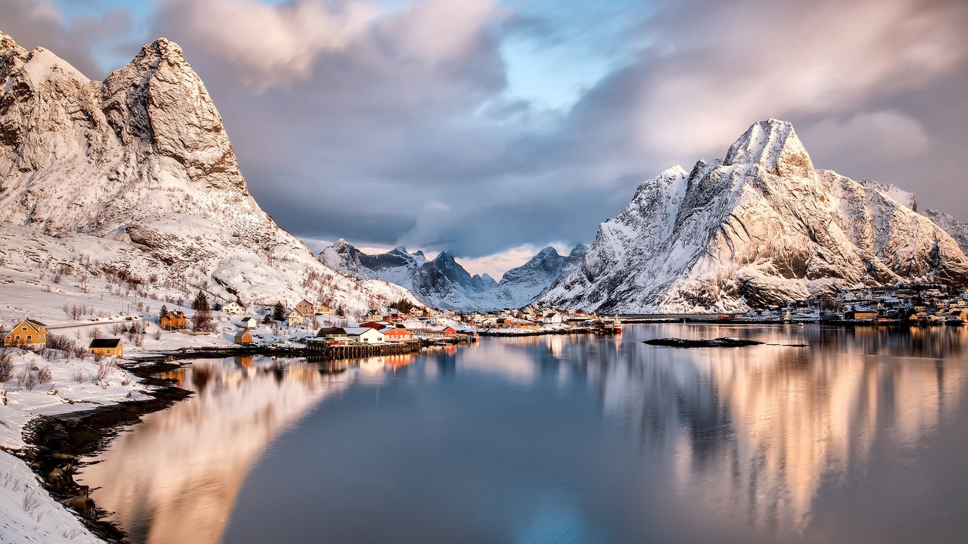 tranquility, landscape, water, snow, lofoten, sky, fjord, freezing, environment, 1080P, lake, snowcapped mountain, cloud - sky, reflection, mountain, no people, HD Wallpaper
