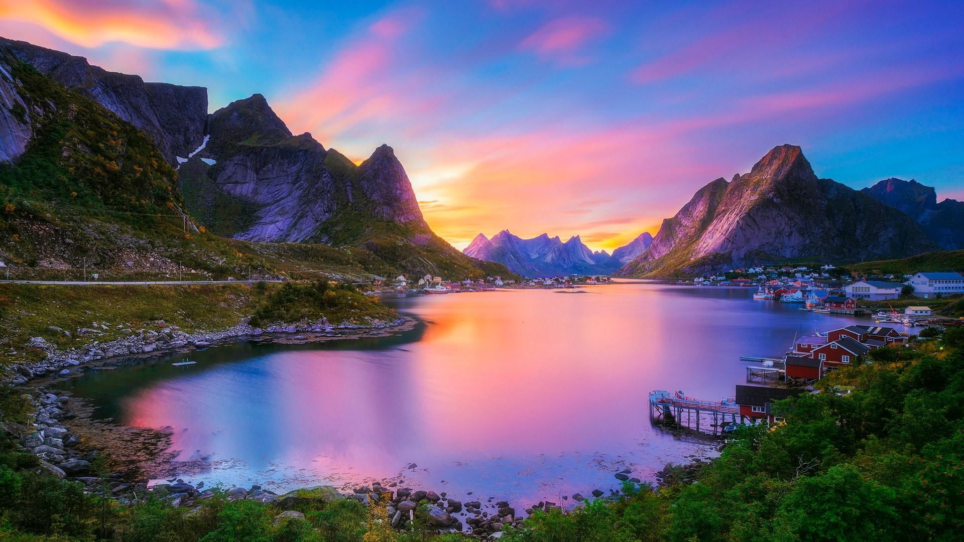 sunset, tranquil scene, reflection, beauty in nature, lofoten, wilderness, cloud - sky, lake, village, fjord, mountain, water, dawn, no people, non-urban scene, HD Wallpaper