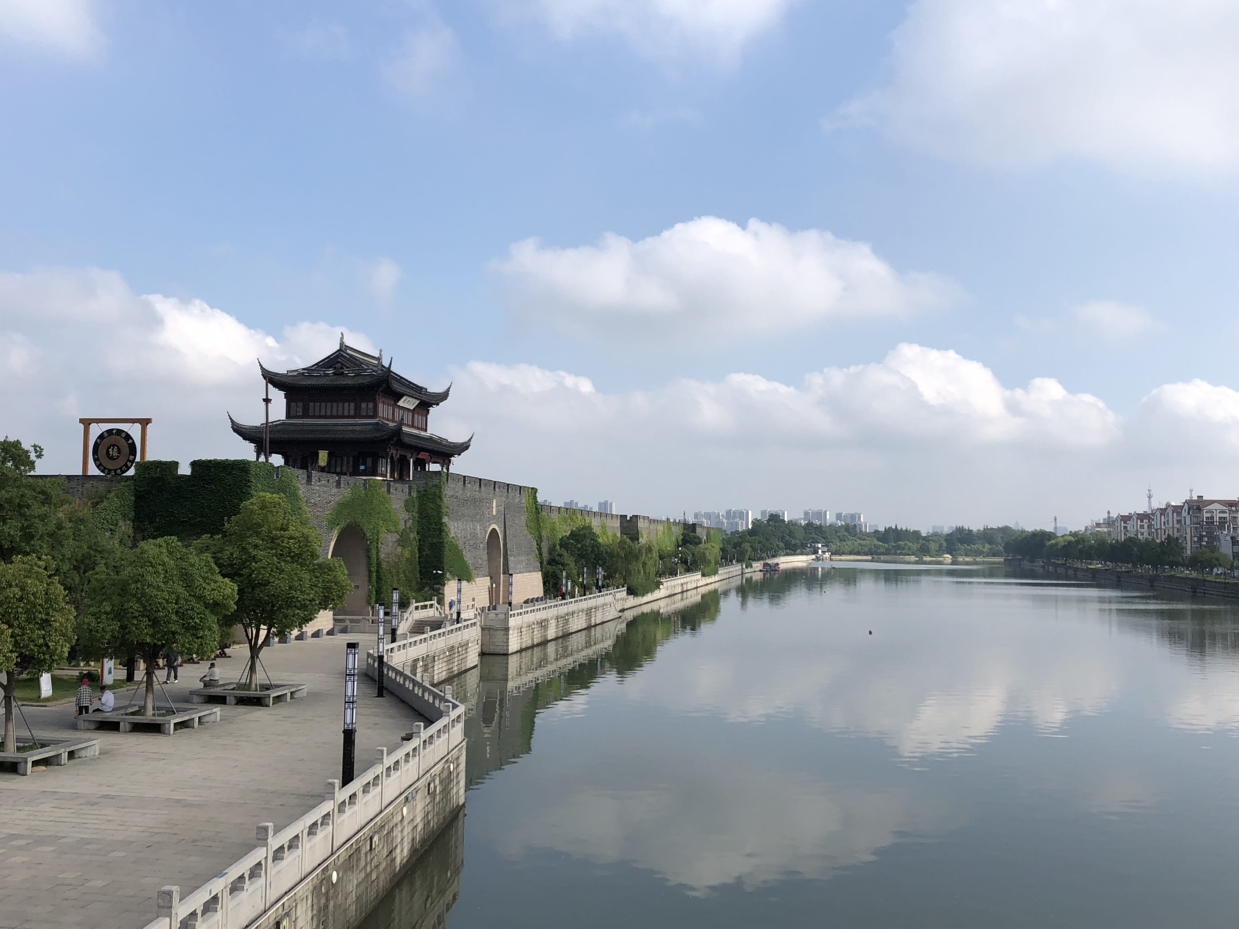 sky, white cloud, no people, cloud - sky, tree, 4K, day, building, waterfront, plant, building exterior, water, nature, architecture, blue sky, suzhou, HD Wallpaper