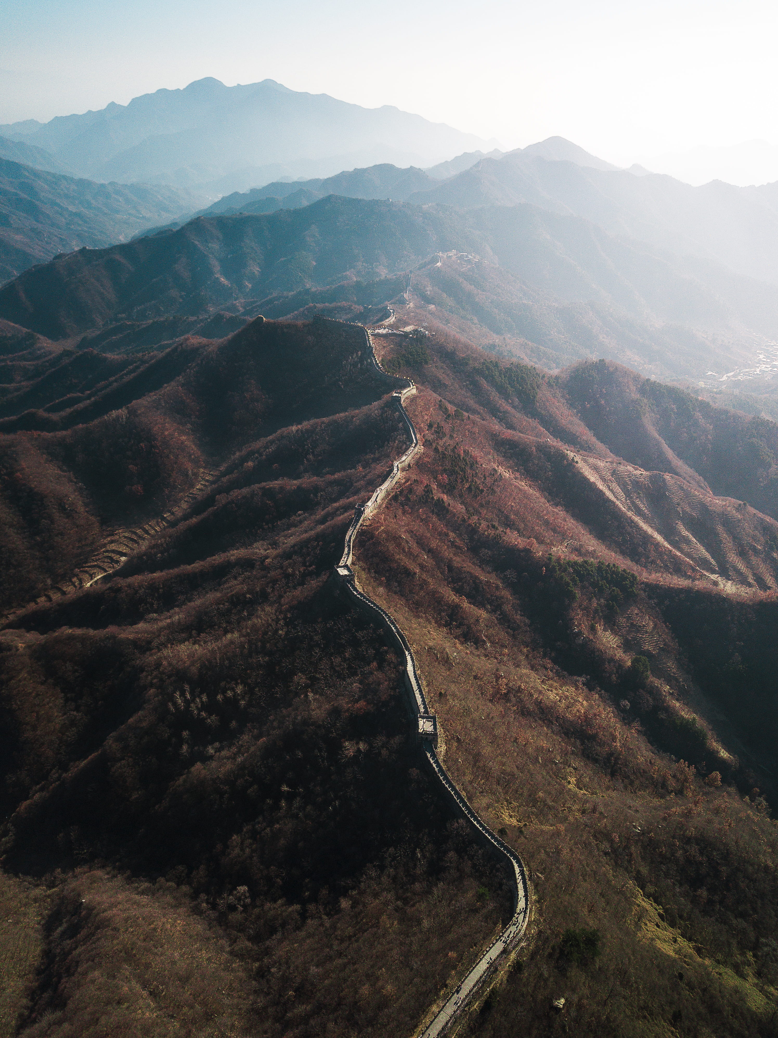 hill, sunlight, wall, nature, china, non-urban scene, idyllic, wonders of the world, Great Wall, tranquility, drone, wonder, travel, physical geography, Phone HD Wallpaper