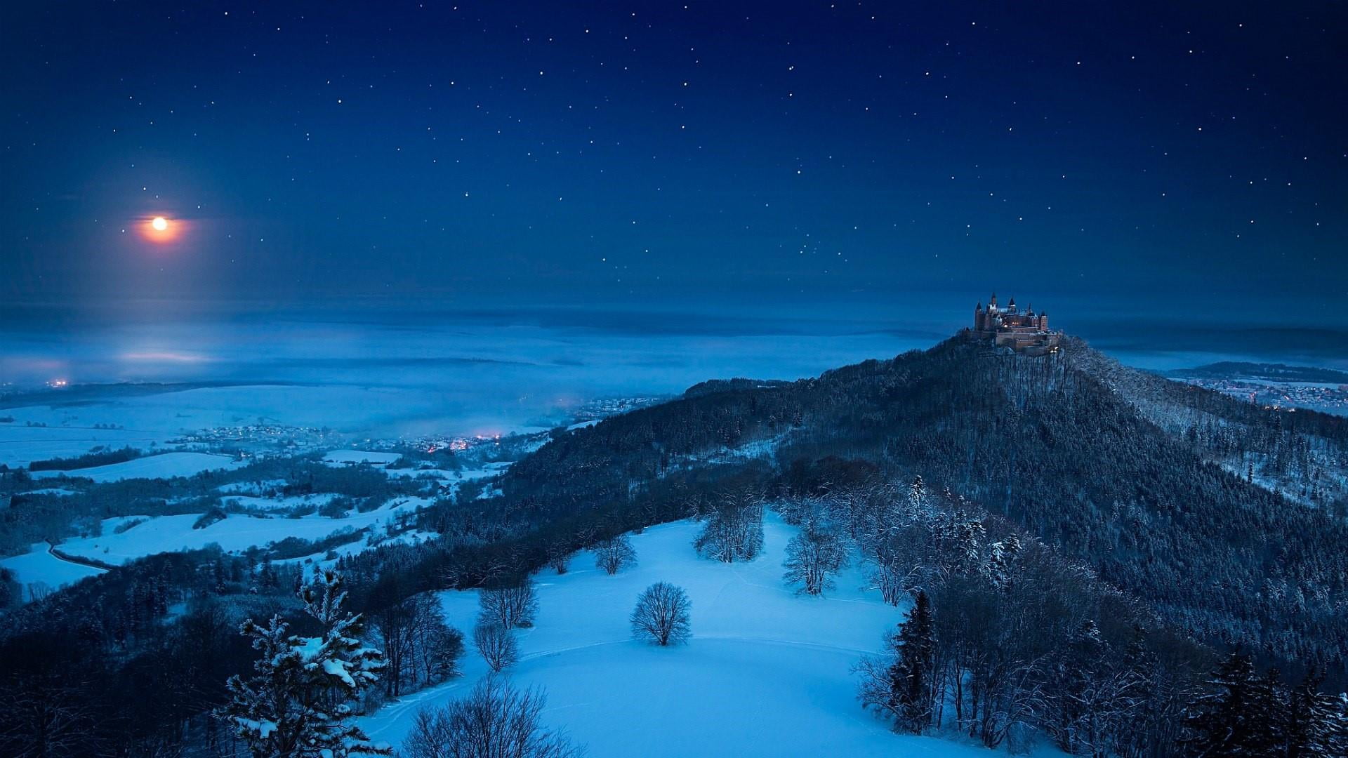 landscape, horizon, moonlight, winter, snow, tranquil scene, europe, forest, environment, space and astronomy, mountain, space, star - space, germany, plant, HD Wallpaper
