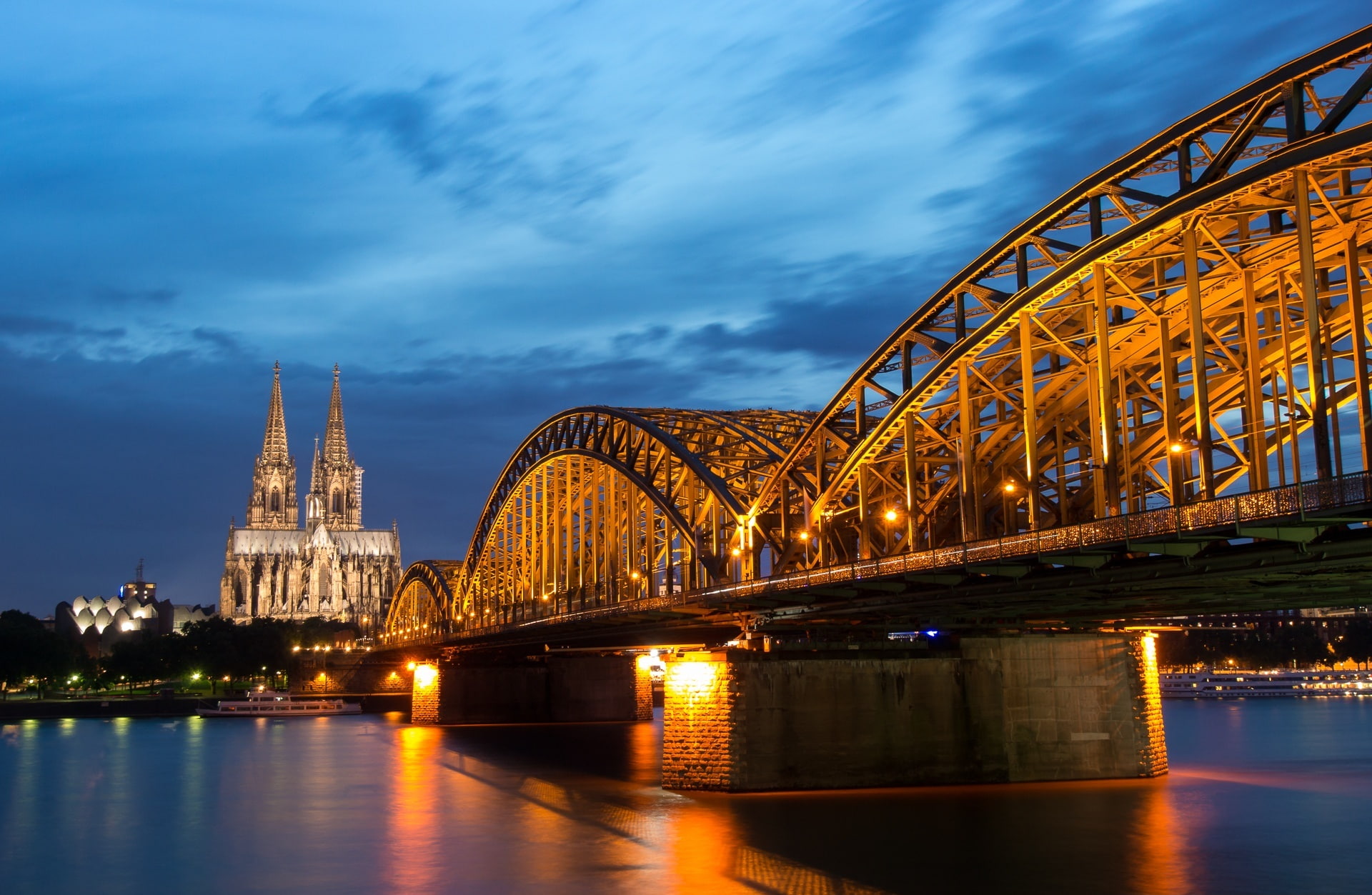 sky, transportation, Rhine, koln, water, arch bridge, city, illuminated, Golden, River, reflection, Germany, engineering, Blur, 1080P, travel destinations, HD Wallpaper