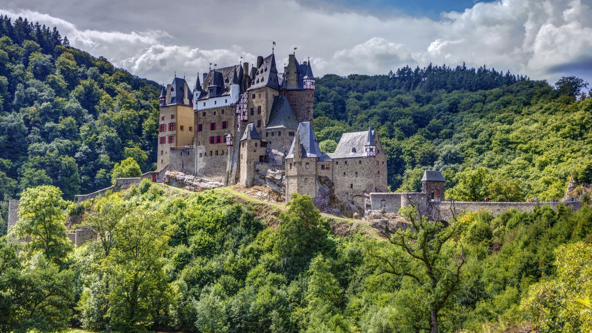 castle, Trees, nature, Eltz Castle, Old Building, forest, tower, hdr, 1080P, clouds, architecture, Germany, HD Wallpaper