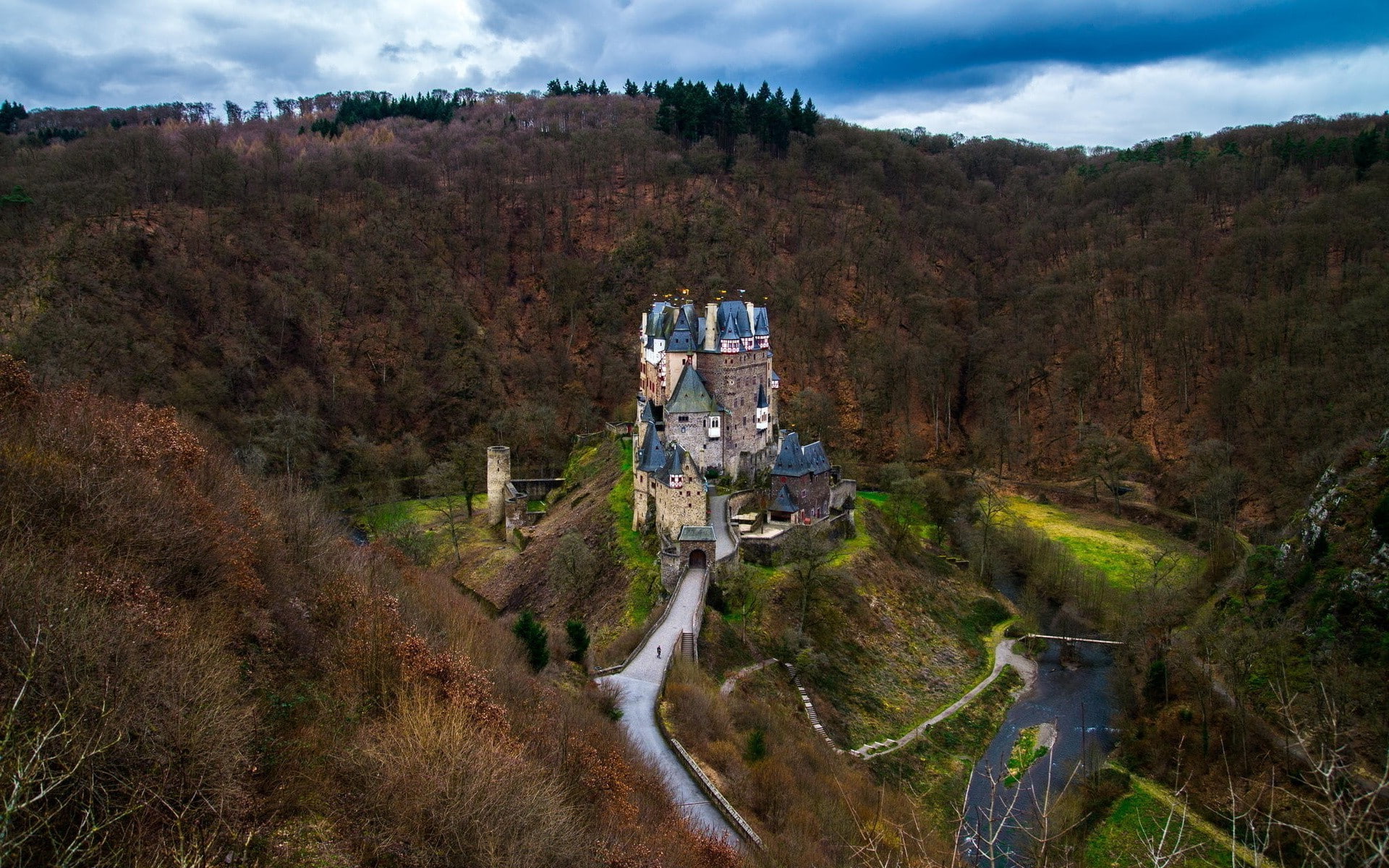 the past, beauty in nature, cloud - sky, travel destinations, landscape, land, day, nature architecture castle trees old building road river forest clouds hill top view rock eltz castle germany, HD Wallpaper