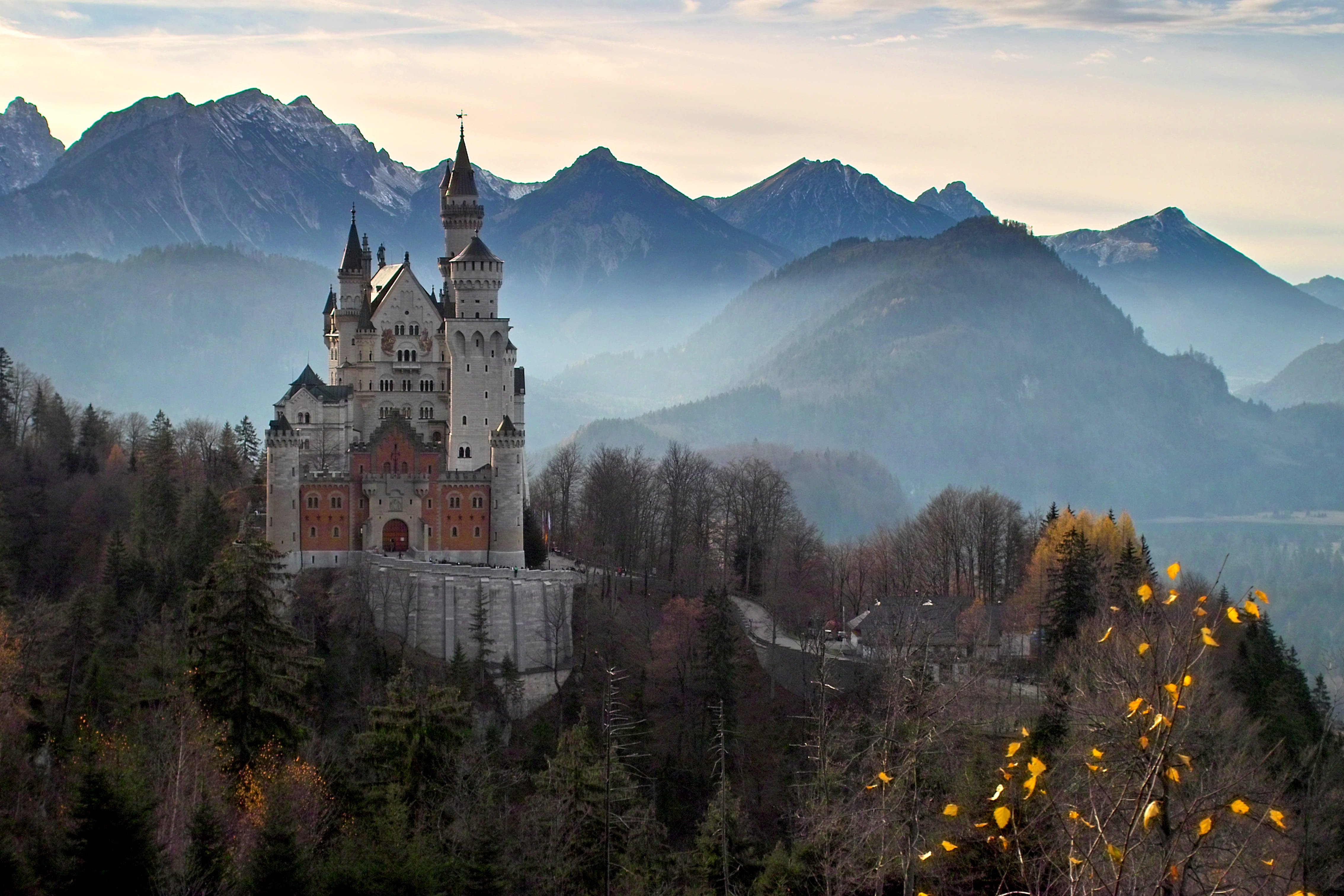 belief, gray, scenics - nature, neuschwanstein castle, mountain range, building, built structure, castle, travel destinations, no people, place of worship, HD Wallpaper