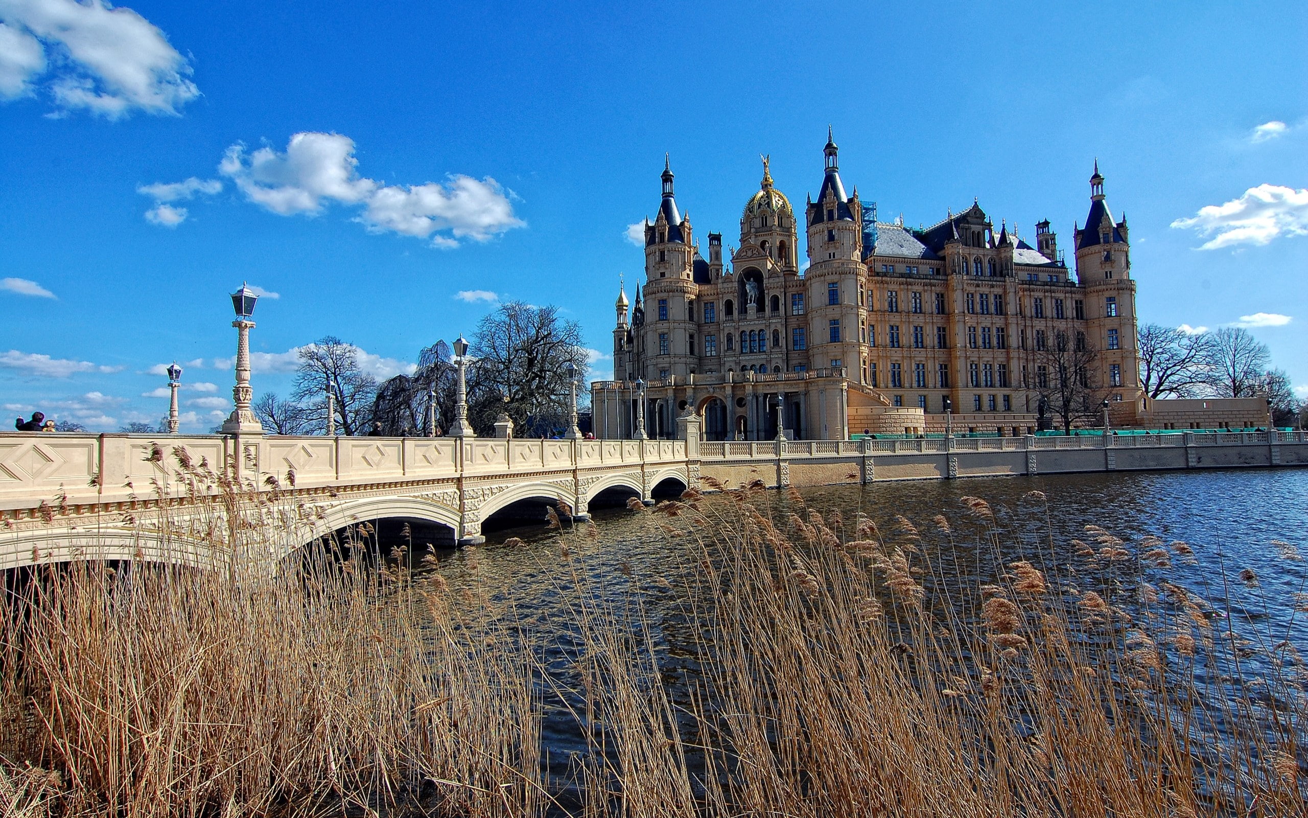 arch, built structure, transportation, arch bridge, no people, gothic style, schwerin palace, nature, bridge, sky, government, 2K, architecture, travel destinations, HD Wallpaper