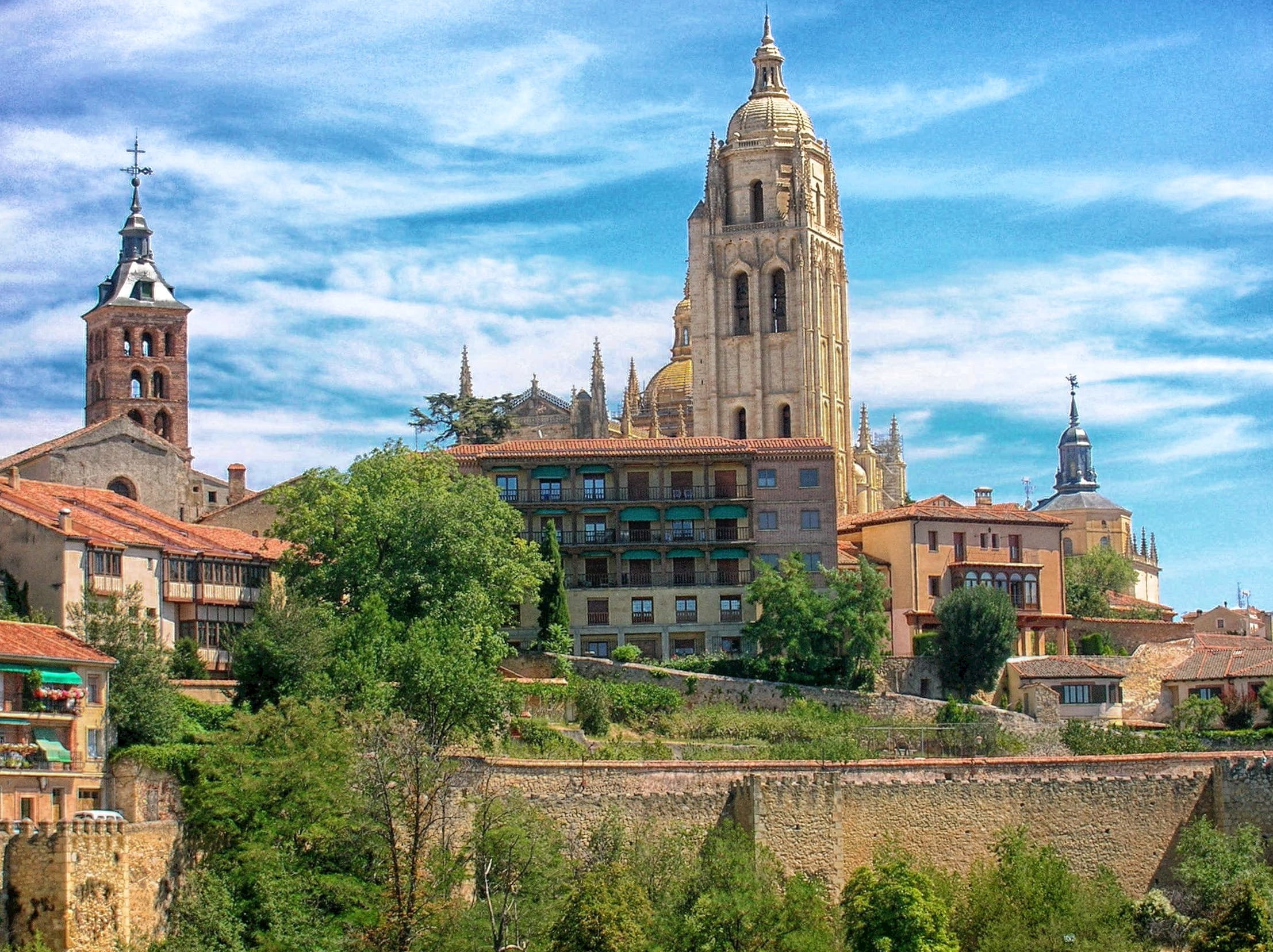cities, Churches, no people, city, landscape, hdr, place of worship, clouds, spain, segovia, history, built structure, Buildings, religion, outside, skyline, HD Wallpaper