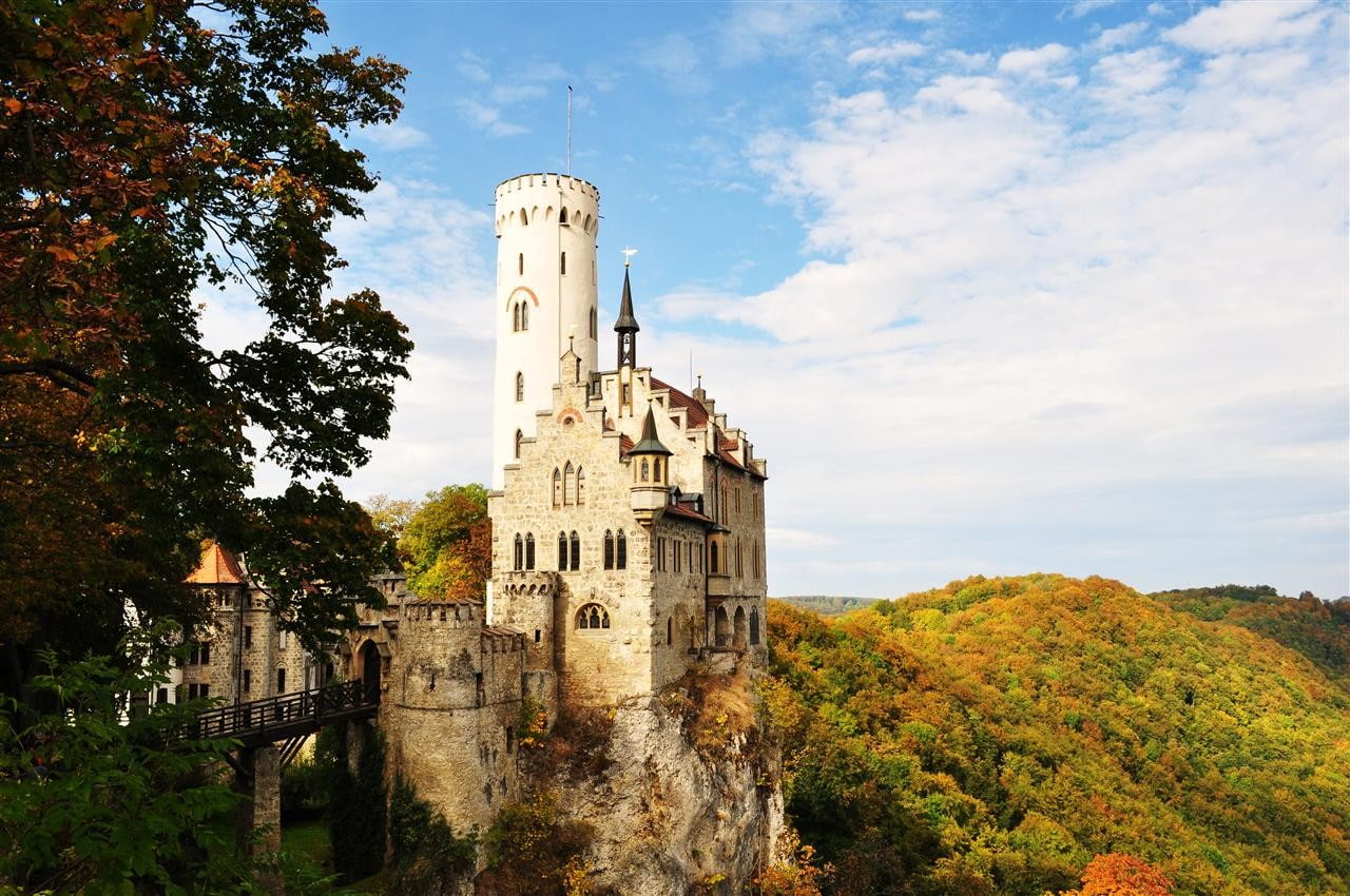 Lichtenstein Castle (Württemberg), travel destinations, tree, low angle view, travel, religion, 720P, hills, medieval, castle, cloud - sky, change, forest, HD Wallpaper