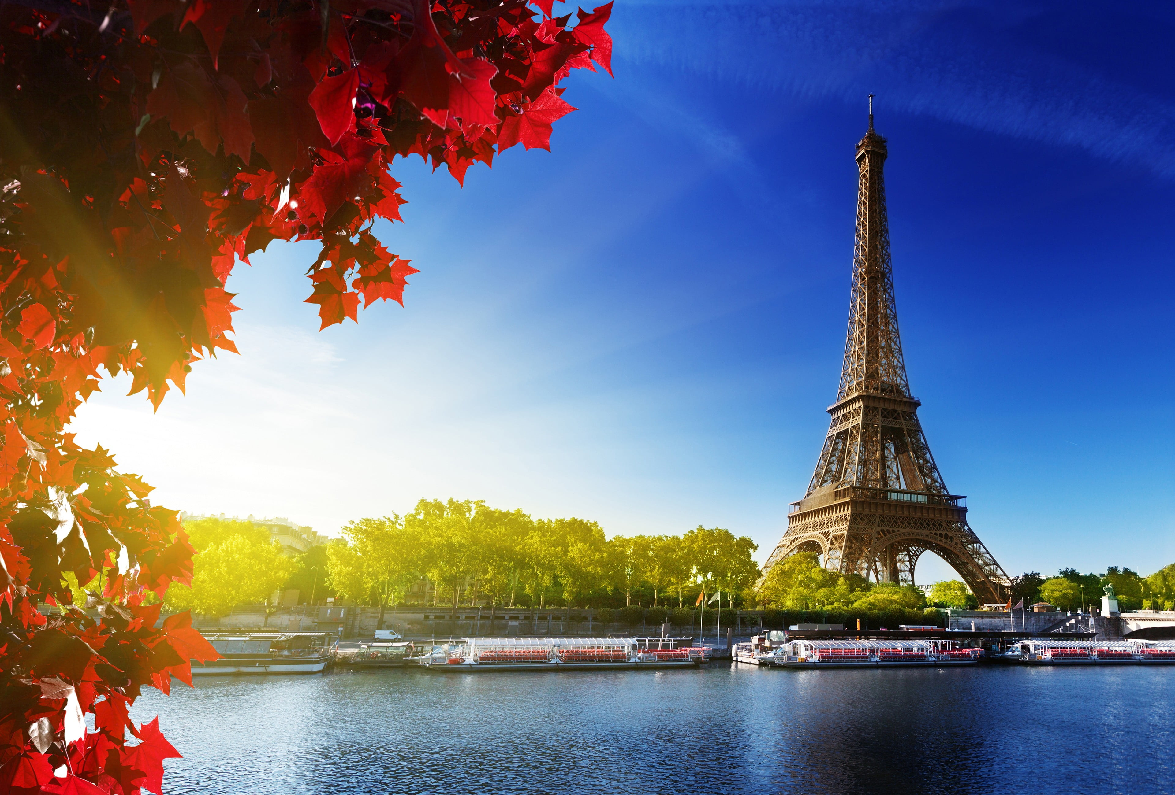 travel destinations, travel, boat, Paris, tower, building, mode of transportation, tourism, leaves, 4K, passenger craft, no people, sky, sunlight, building exterior, HD Wallpaper