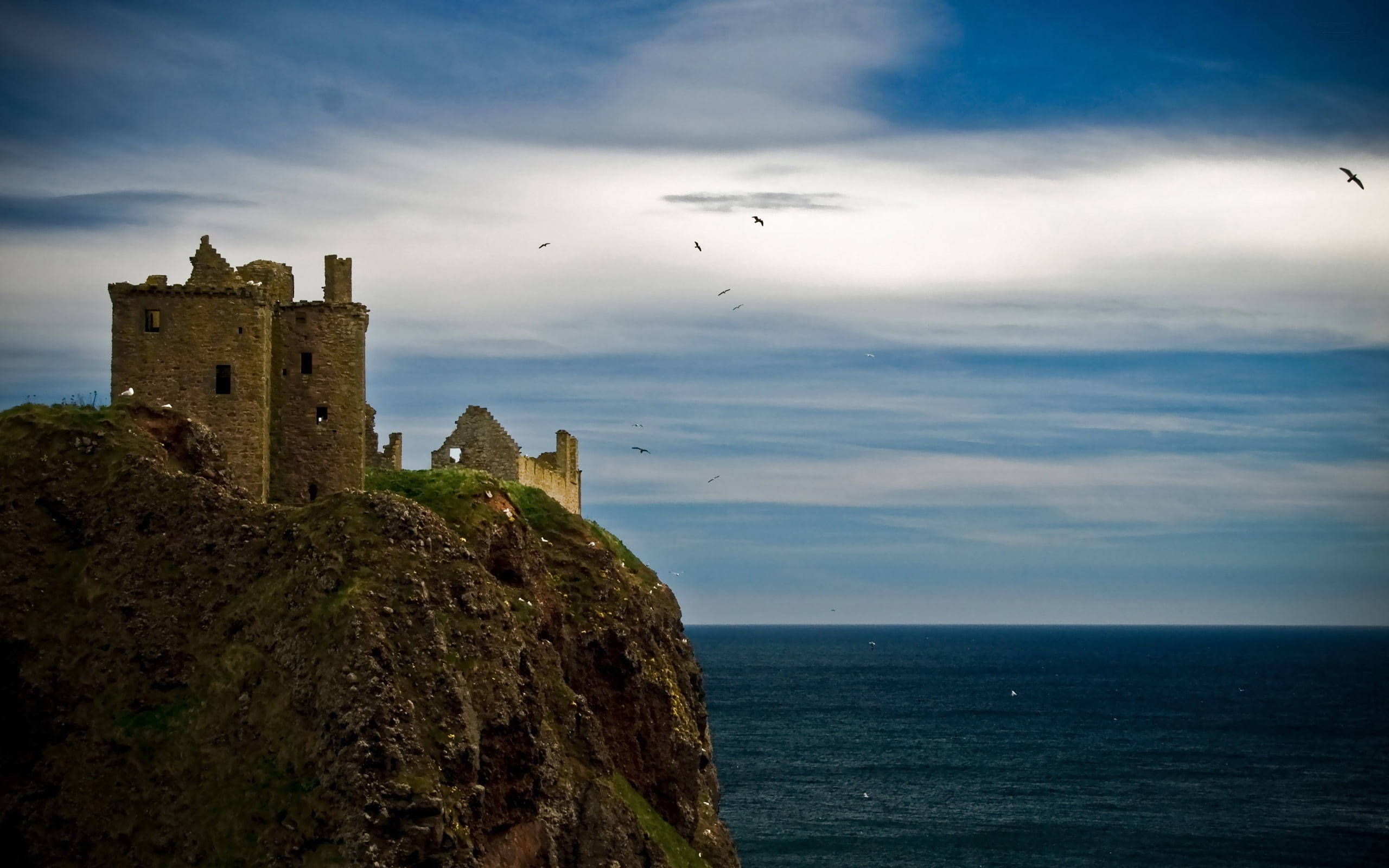 sky, dunnottar, castle, fort, the past, building exterior, building, 2K, vertebrate, history, horizon over water, flock of birds, architectural, architecture, HD Wallpaper