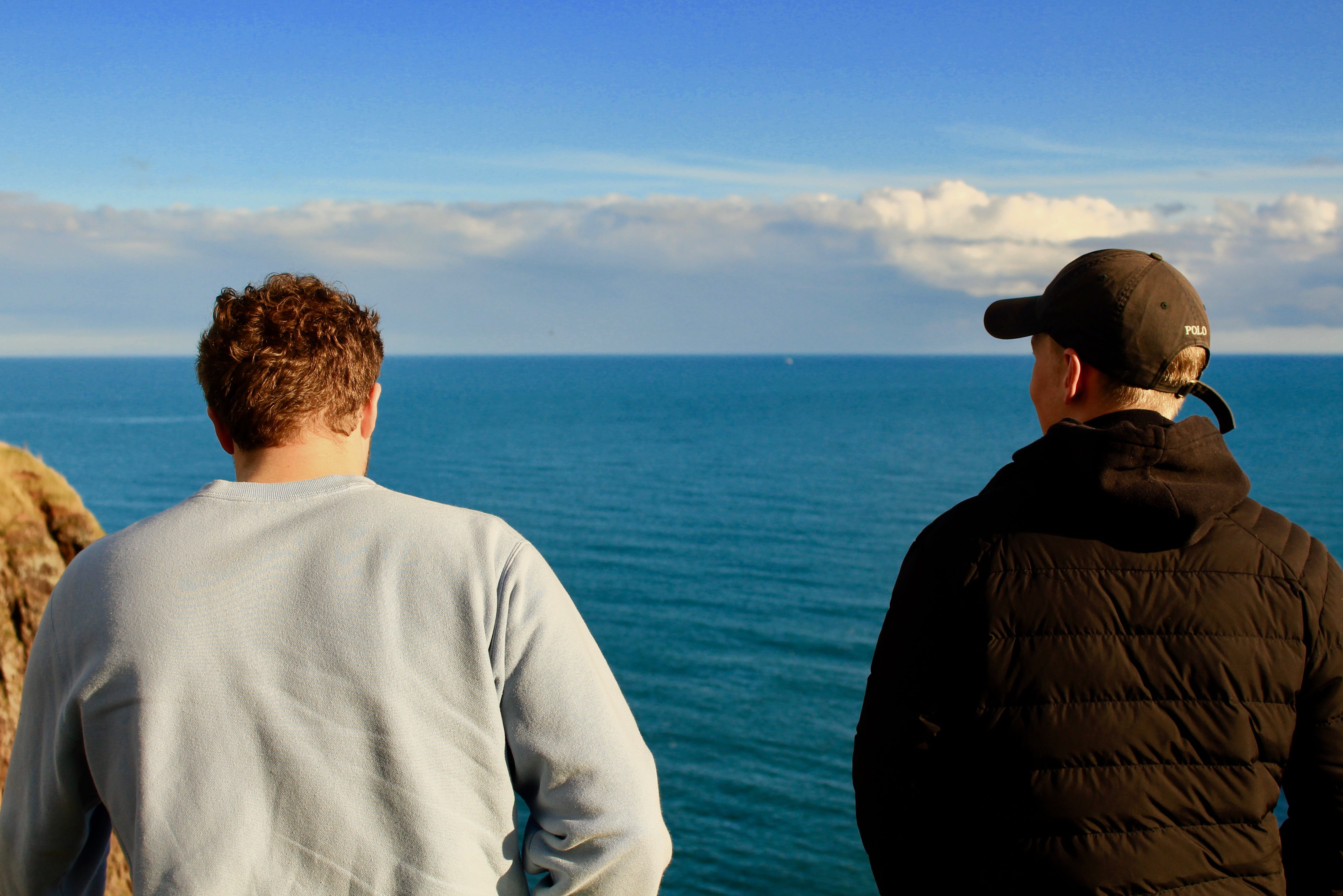 scenics - nature, day, couple - relationship, rear view, united kingdom, sea, looking at view, waist up, adult, two people, stonehaven, beauty in nature, HD Wallpaper