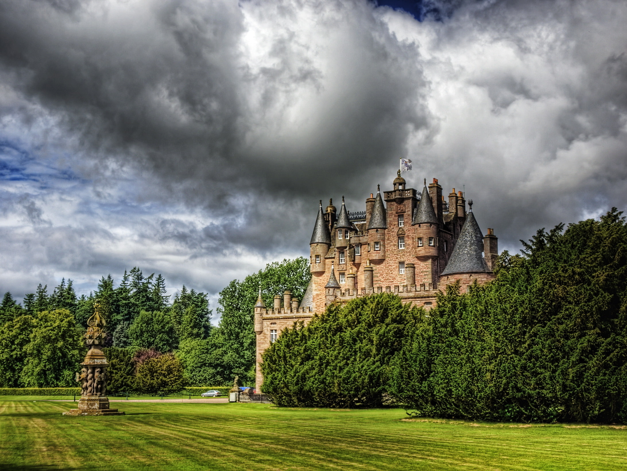 Scotland, clouds, HDR, 1080P, lawn, photo, the city, Glamis, castle, HD Wallpaper