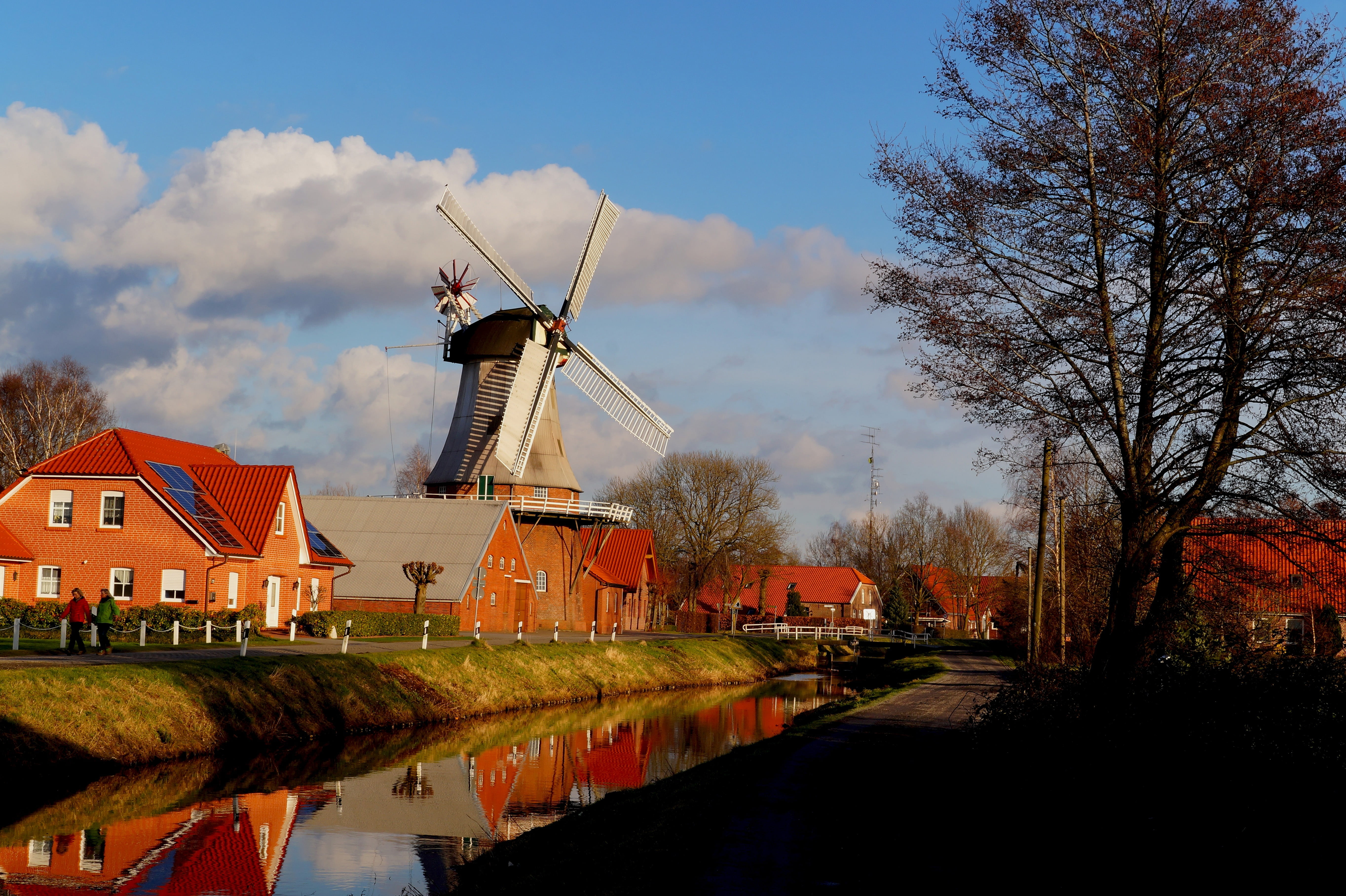 traditional windmill, blue, wind turbine, nature, pinwheel, canal, no people, water running, mill, wind power, top, landscape, architecture, clouds, netherlands, HD Wallpaper