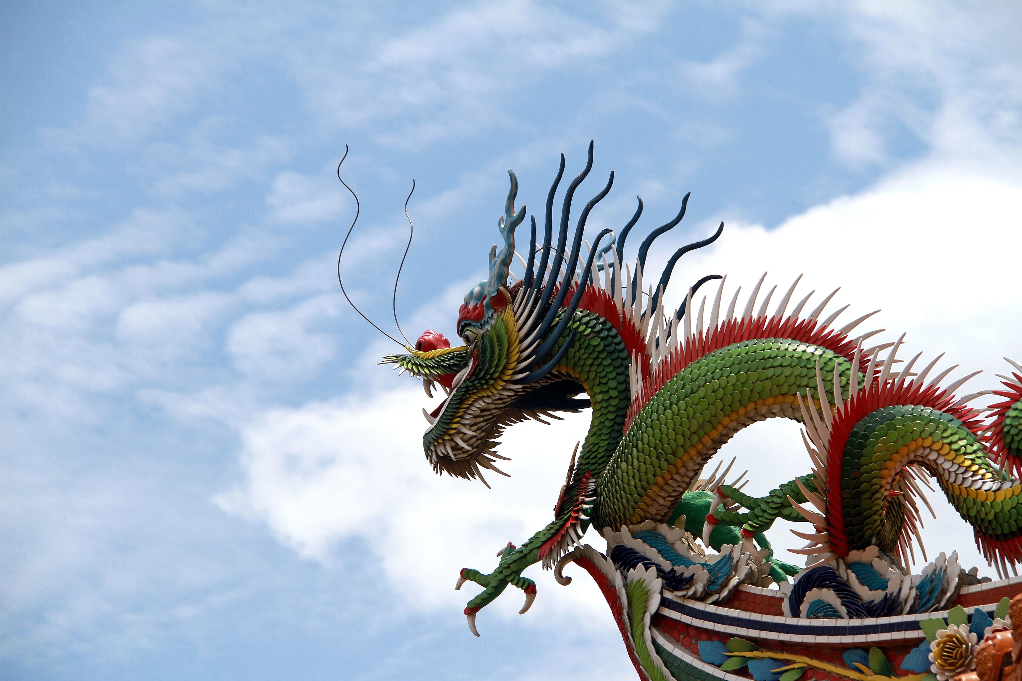animal, plant, religion, cultures, representation, architecture, ceramic chip, animal representation, craft, asia, iguana, Long, multi Colored, dragon, HD Wallpaper
