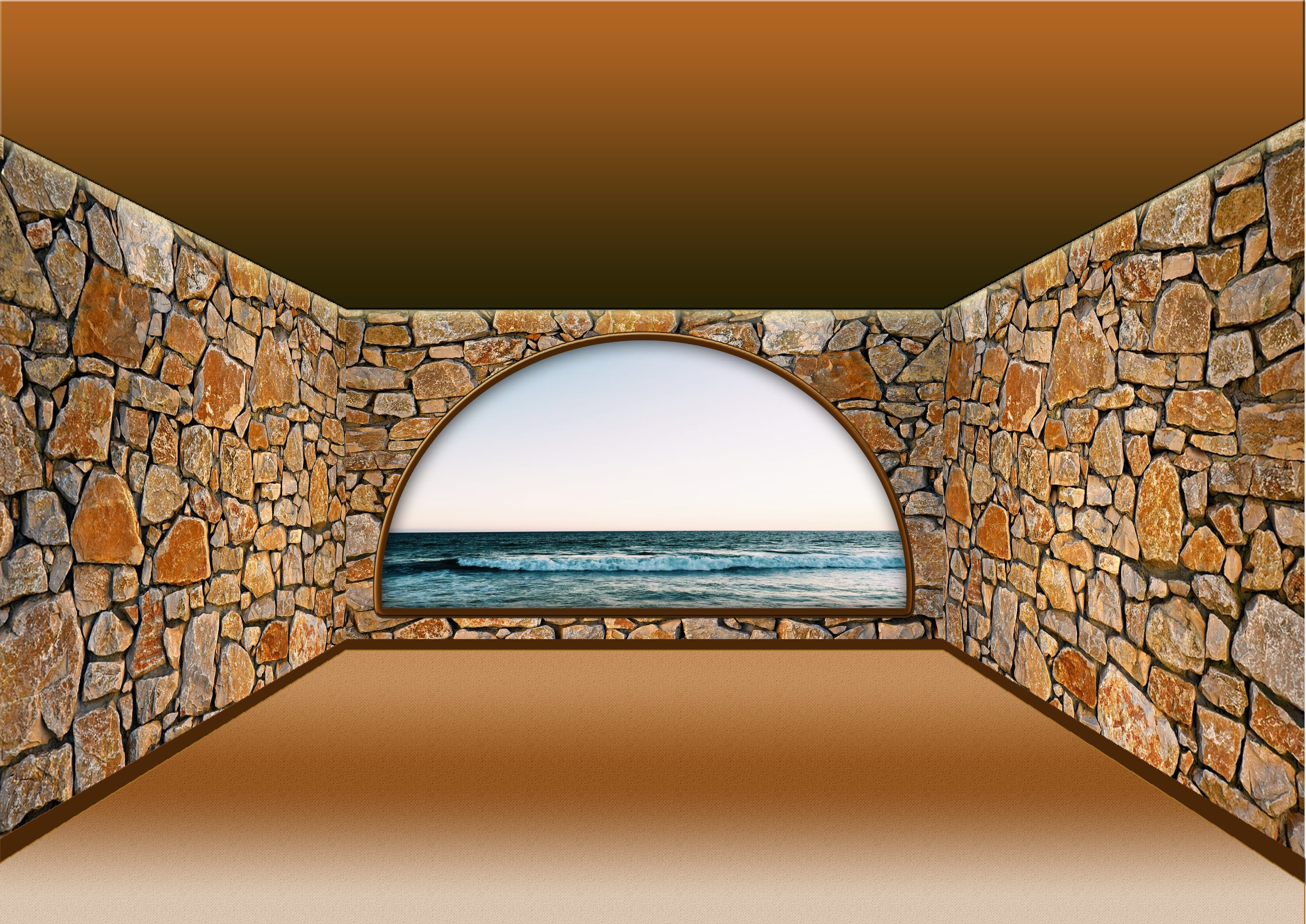 indoors, decor, rooms, brick wall, sea, sky, inside, surrounding wall, architecture, wall, lifestyle, brick, window, arched window, interior, stone material, HD Wallpaper
