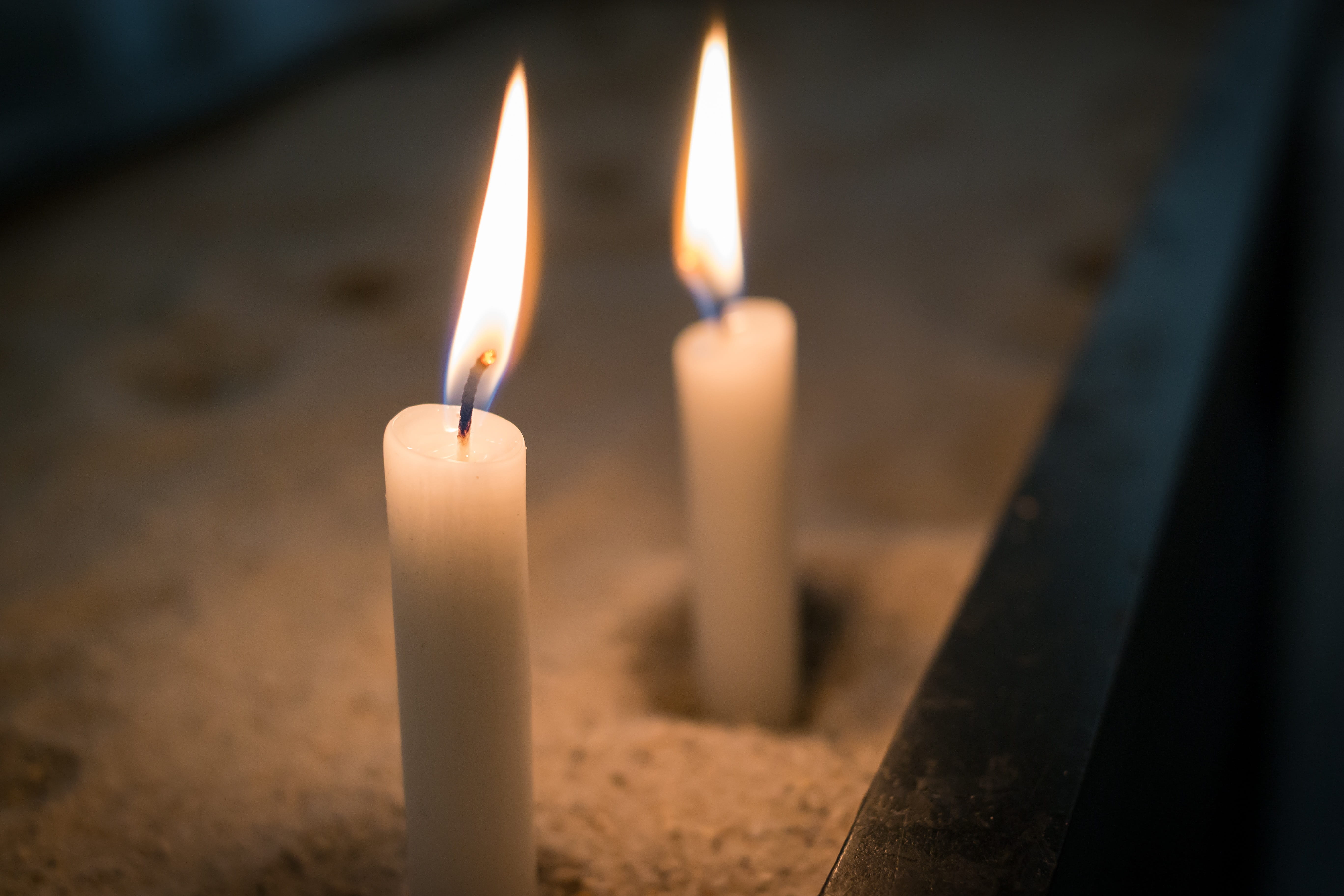 shallow, no People, night, fire - Natural Phenomenon, 5K, focus, wax, religion, photography, close-up, candles, sand, two, candle, heat, light - Natural Phenomenon, HD Wallpaper