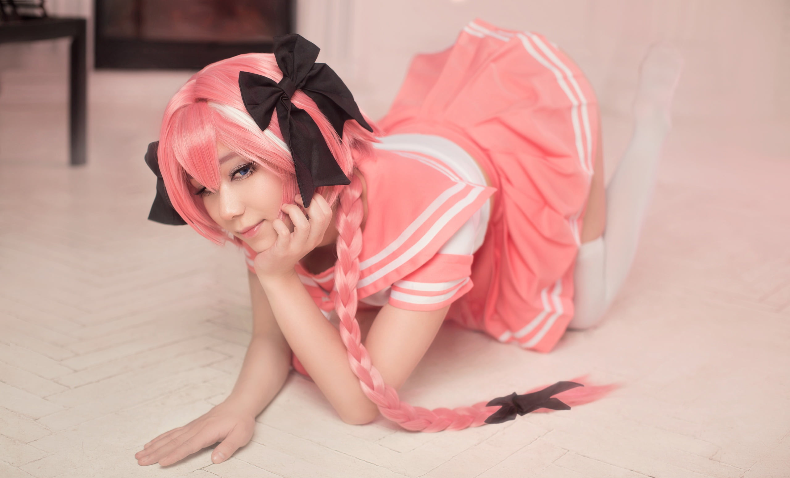 Asian, on the floor, women indoors, 2K, bent over, women, model, cosplay, HD Wallpaper