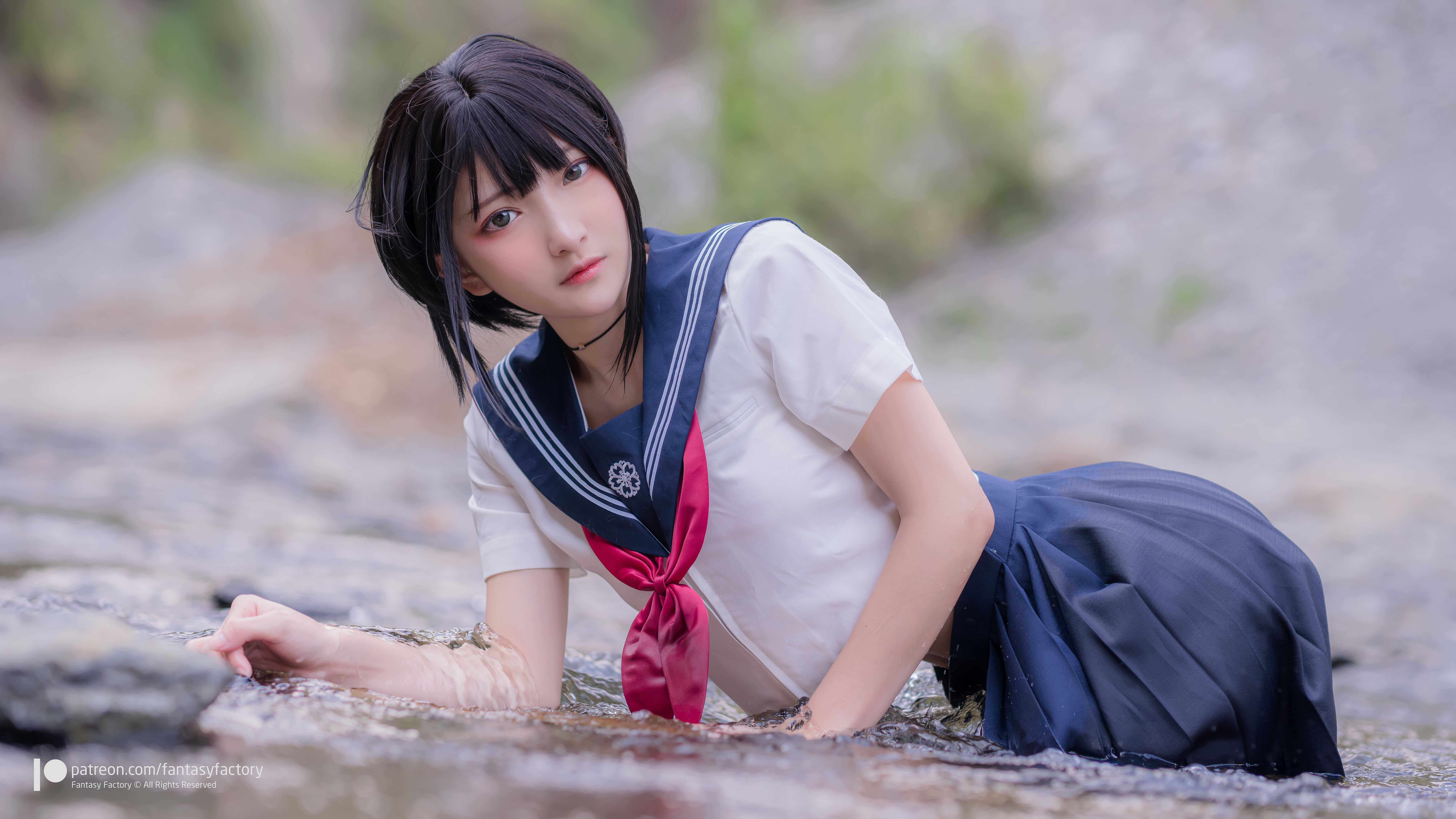 looking at viewer, 5K, bent over, choker, schoolgirl, brunette, Asian, women outdoors, sailor uniform, school uniform, river, cosplay, model, bangs, women, HD Wallpaper