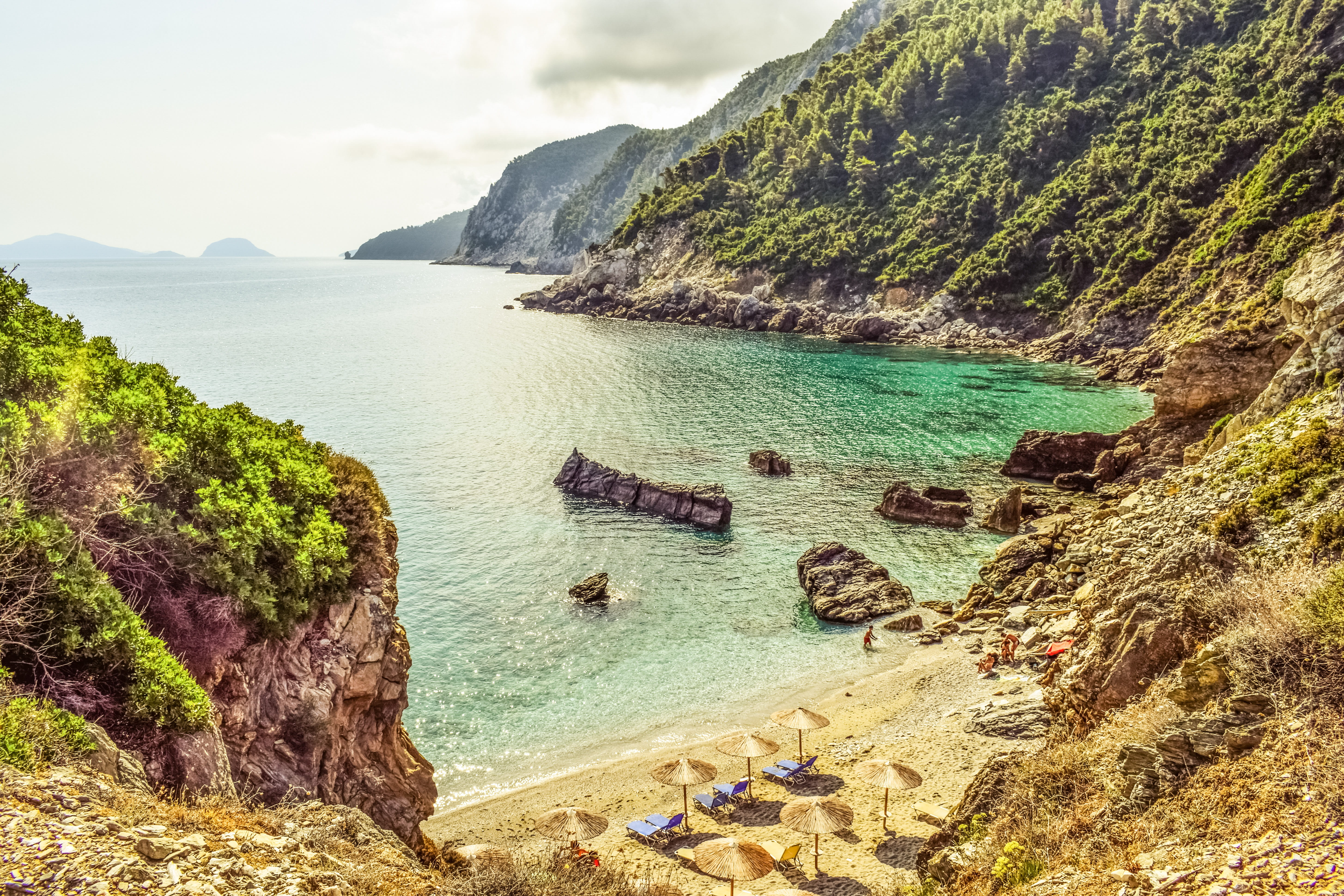 beach, mountain, morning, outdoors, coast, greek, greece, scenics - nature, tranquility, mediterranean, nature, aegean, cliff, sea, tranquil scene, rock - object, HD Wallpaper