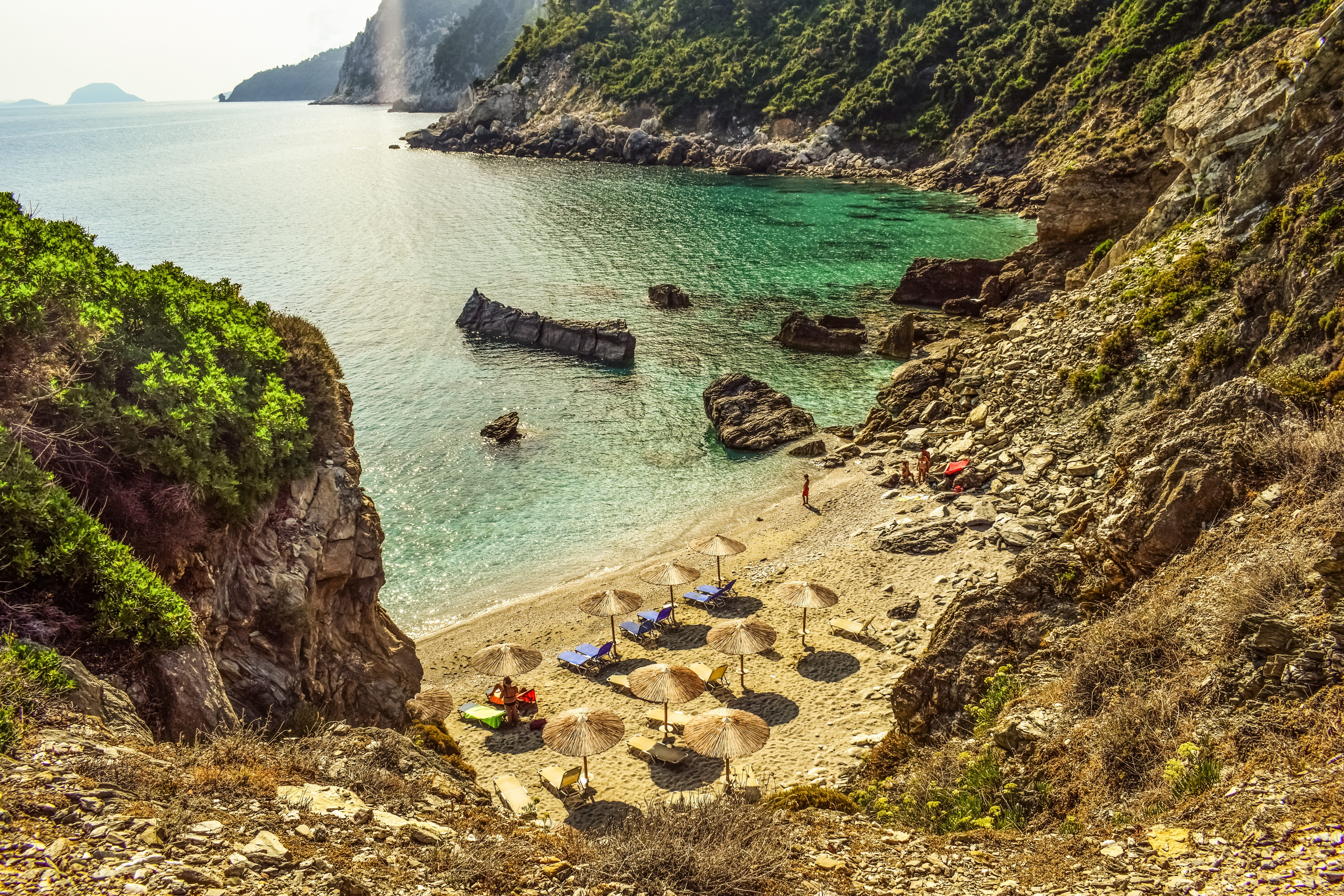 sporades, greek, morning, plant, rock - object, land, landscape, beach, group of people, real people, coast, rock formation, mountain, rock, island, skopelos, HD Wallpaper