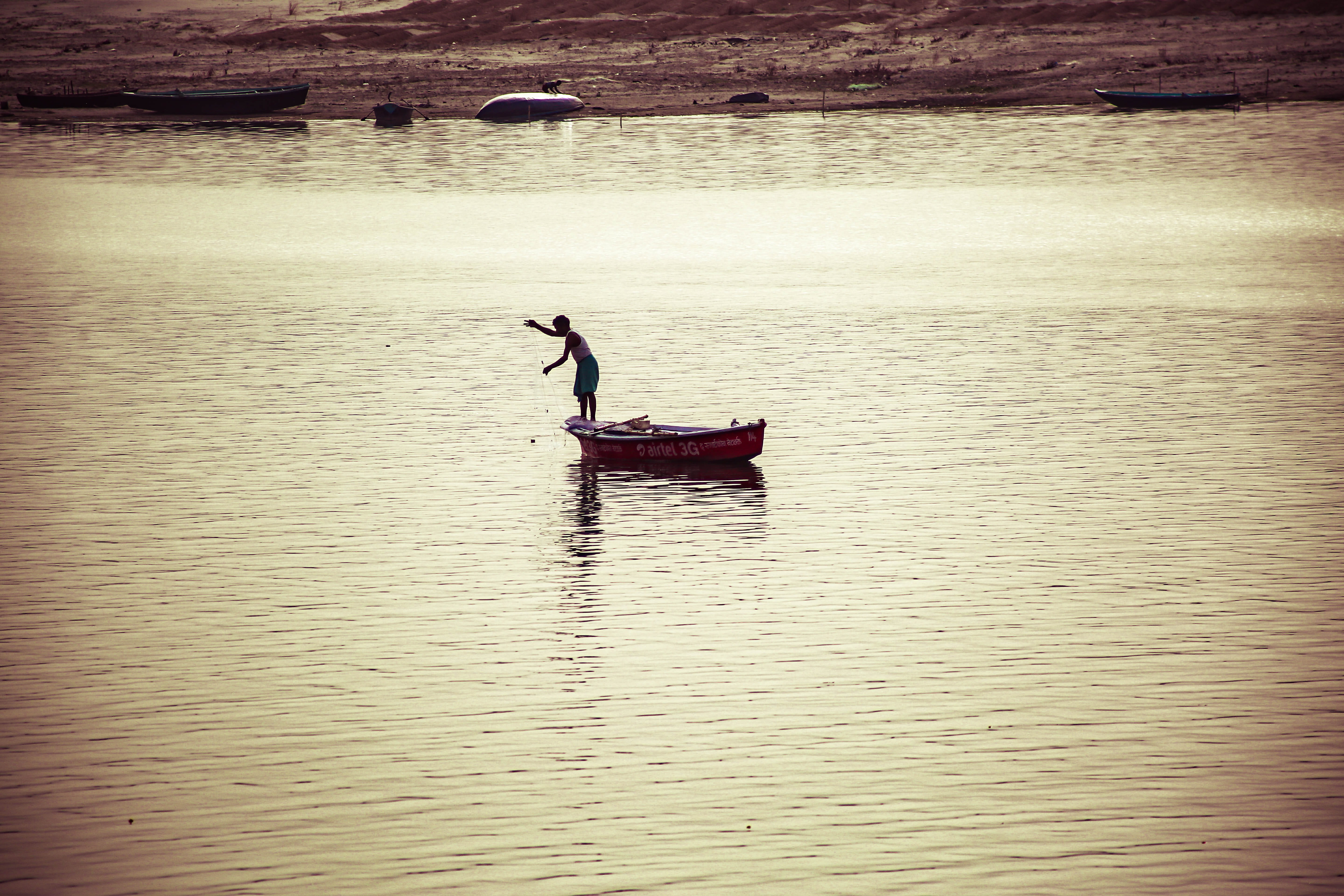 mode of transportation, men, rowboat, water, tranquility, nautical vessel, silhouette, fisherman, transportation, outdoors, real people, scenics - nature, HD Wallpaper