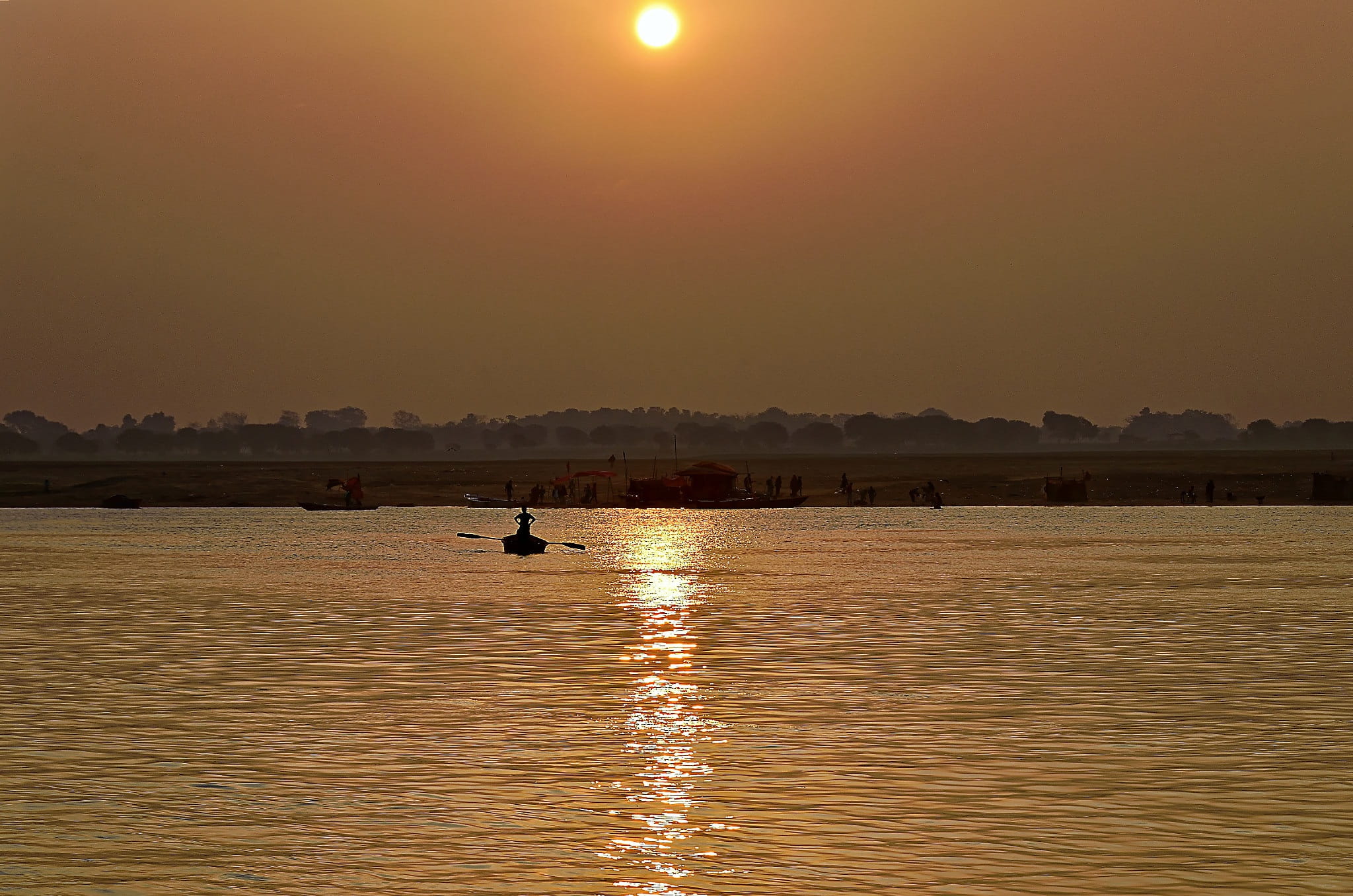atmospheric, nature, silhouette, real people, sky, transportation, outdoors, sea, twilight, waterfront, idyllic, 1080P, india, dawn, river, one person, HD Wallpaper