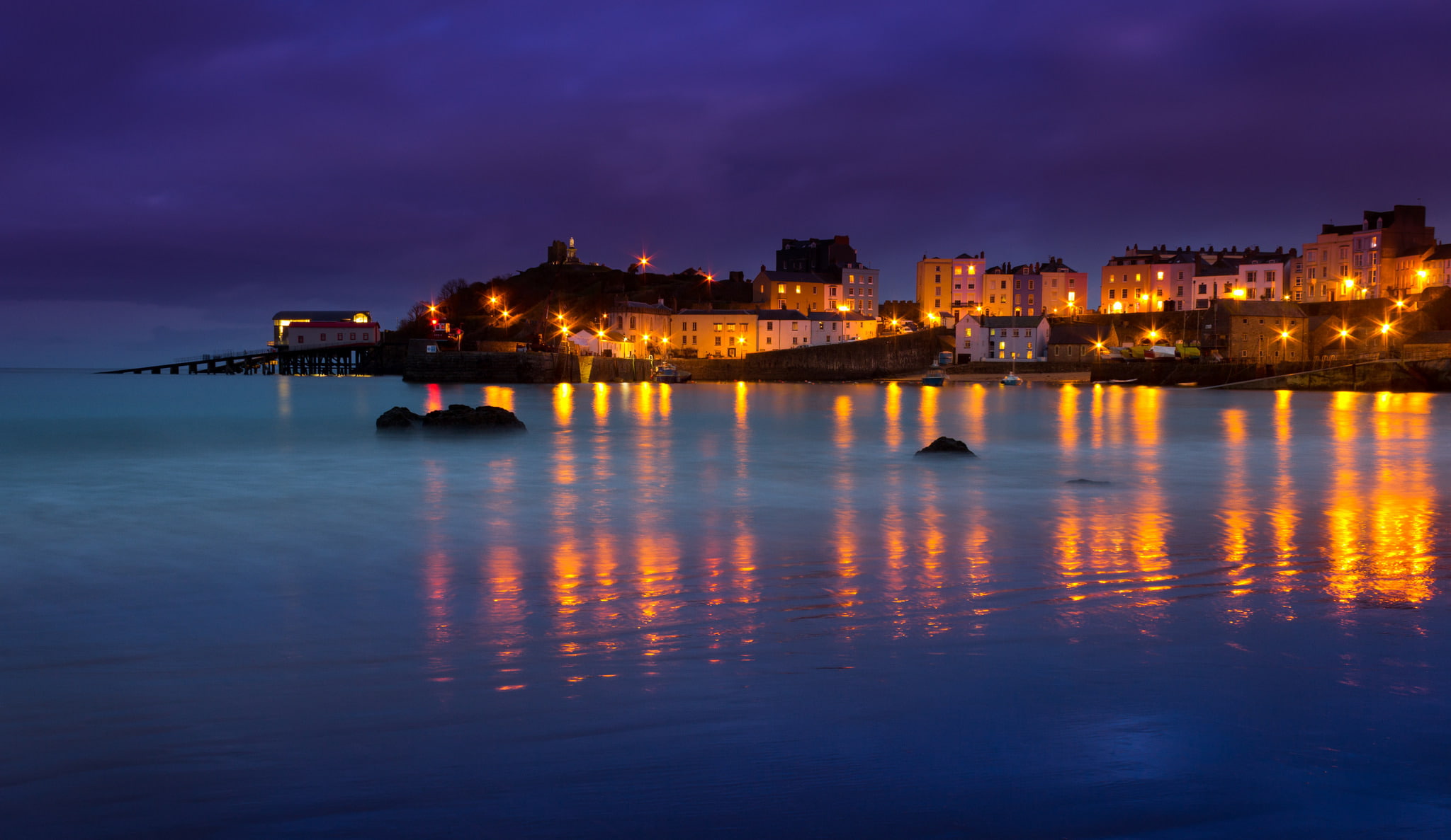 night, 1080P, Bay, home, lights, Wales, sea, Tenby, HD Wallpaper