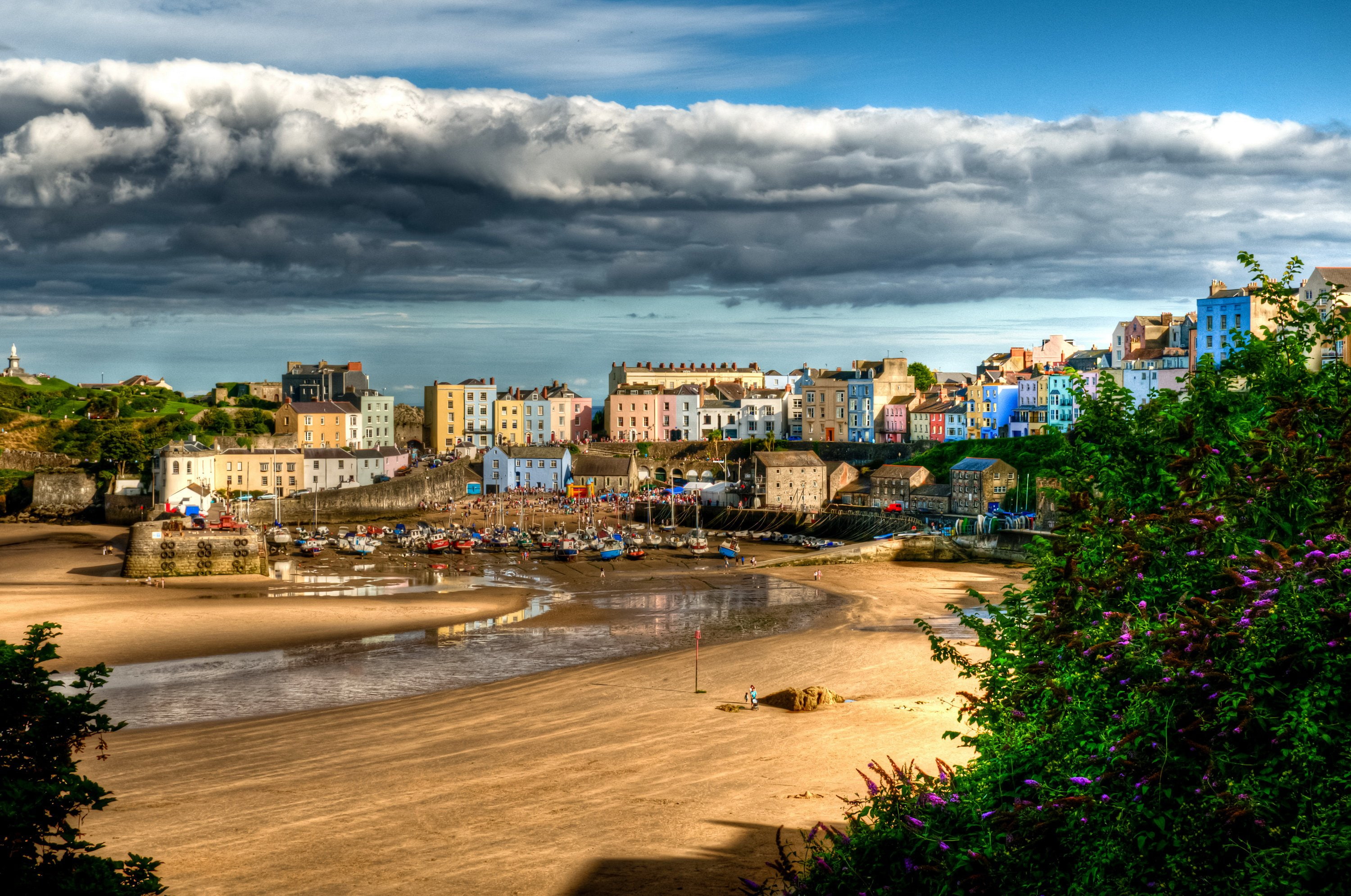 united, tenby, sky, cities, kingdom, houss, wales, 2K, river, HD Wallpaper