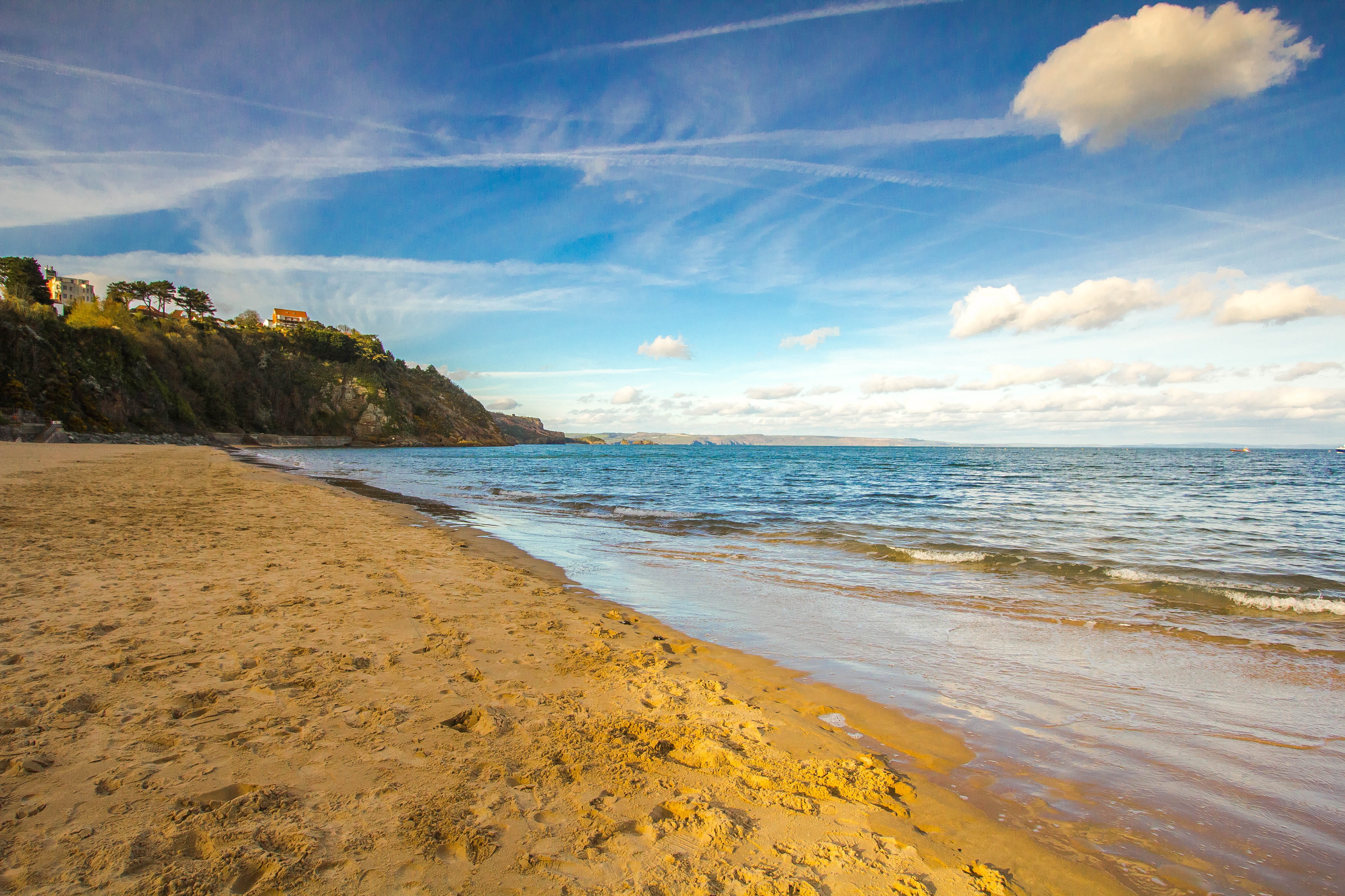 wave, footprints, ocean, tranquil scene, white, horizon over water, motion, cloud - sky, day, beach, scenics - nature, nature, sky, coast, tenby, tranquility, HD Wallpaper