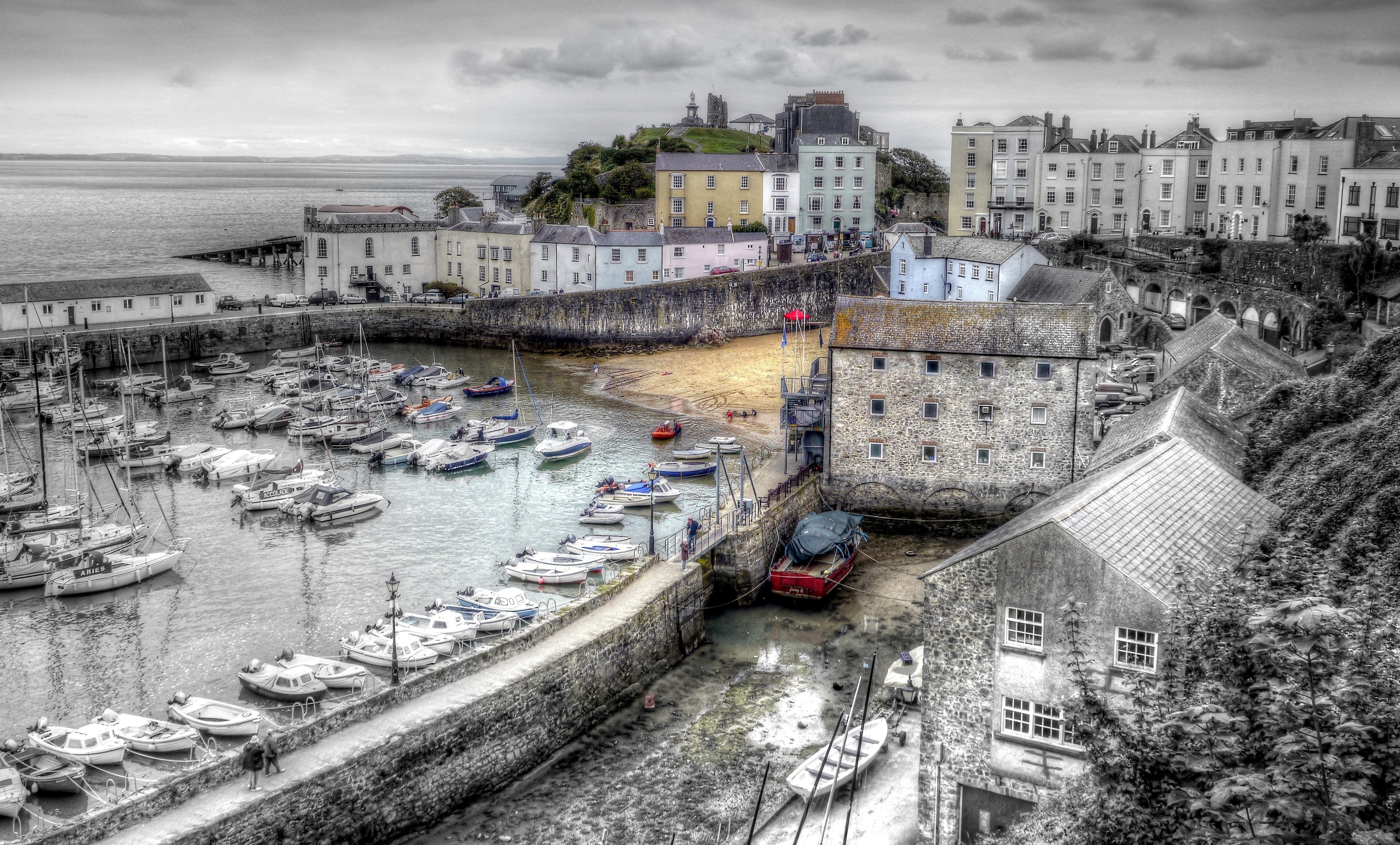 4K, boat, Harbor, England, Tenby, HD Wallpaper