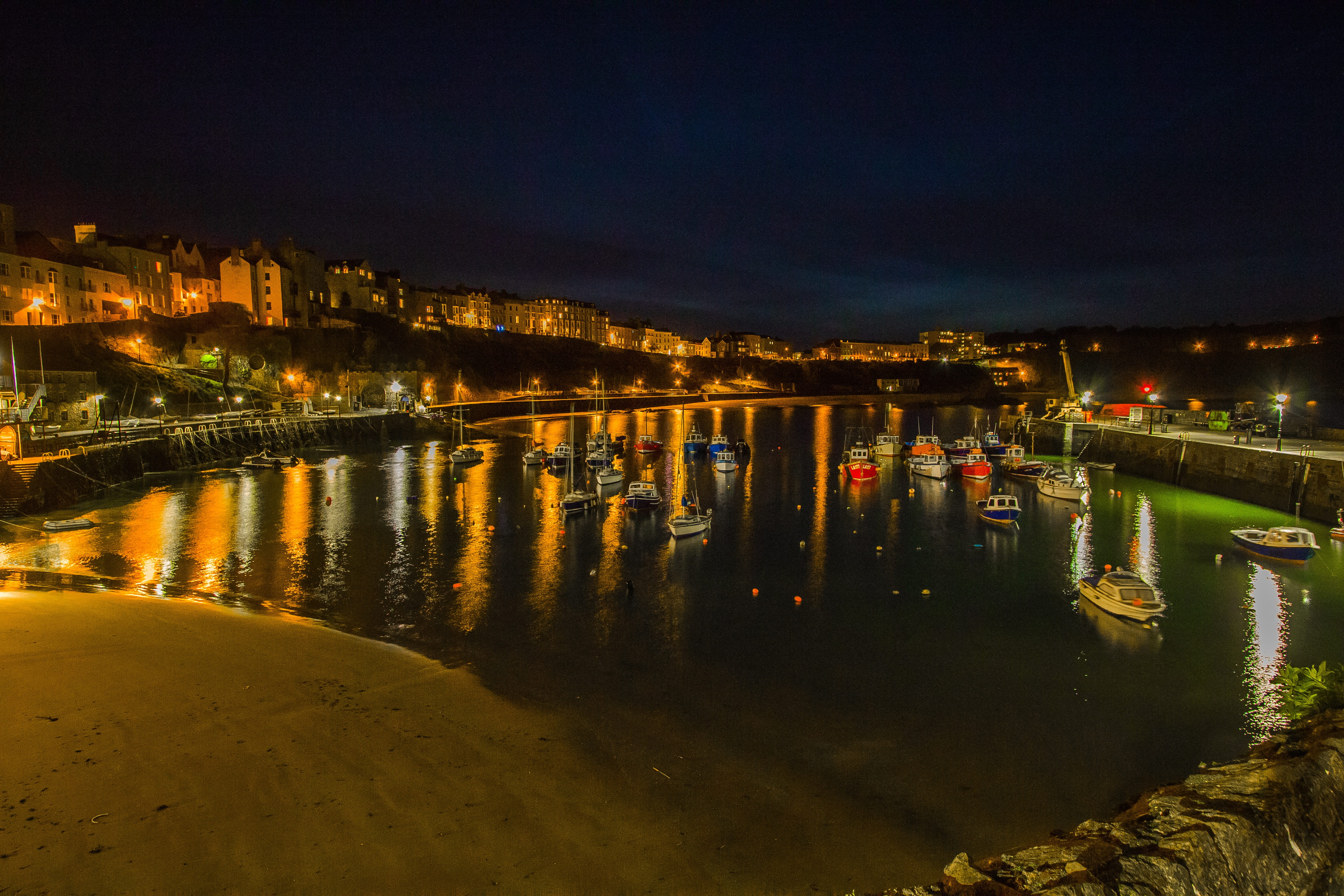 travel destinations, city, reflection, sky, night, river, arch bridge, illuminated, building, bridge - man made structure, transportation, connection, tenby, HD Wallpaper