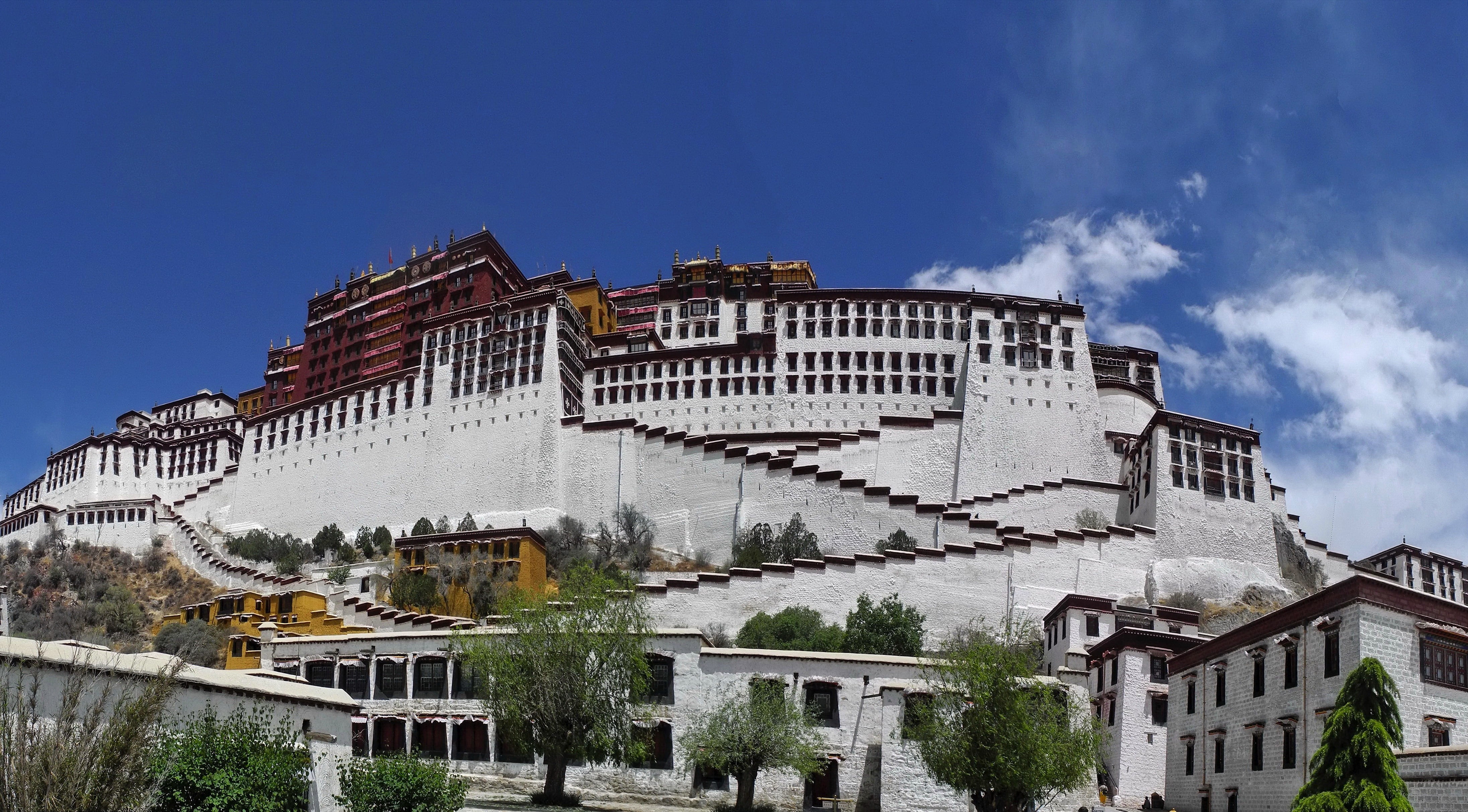 building Exterior, the past, summer, famous, buildings, asia, architecture, trees, clouds, travel destinations, low angle view, cloud - sky, potala Palace, HD Wallpaper