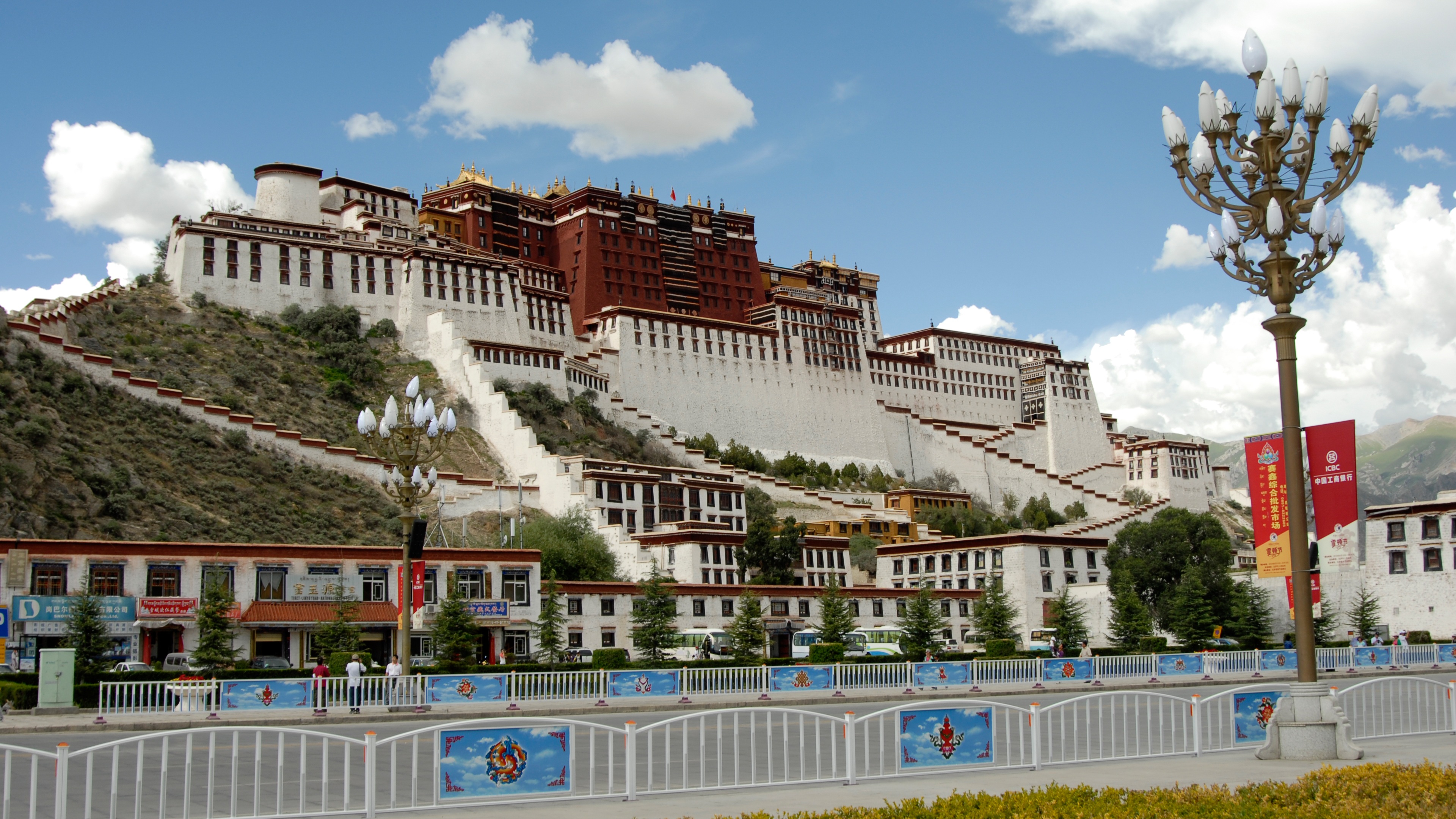 red, tibet, building exterior, travel, road, outdoors, tree, gray, cloud - sky, sky, day, street, no people, beside, plant, 4K, railing, city, tourism, HD Wallpaper