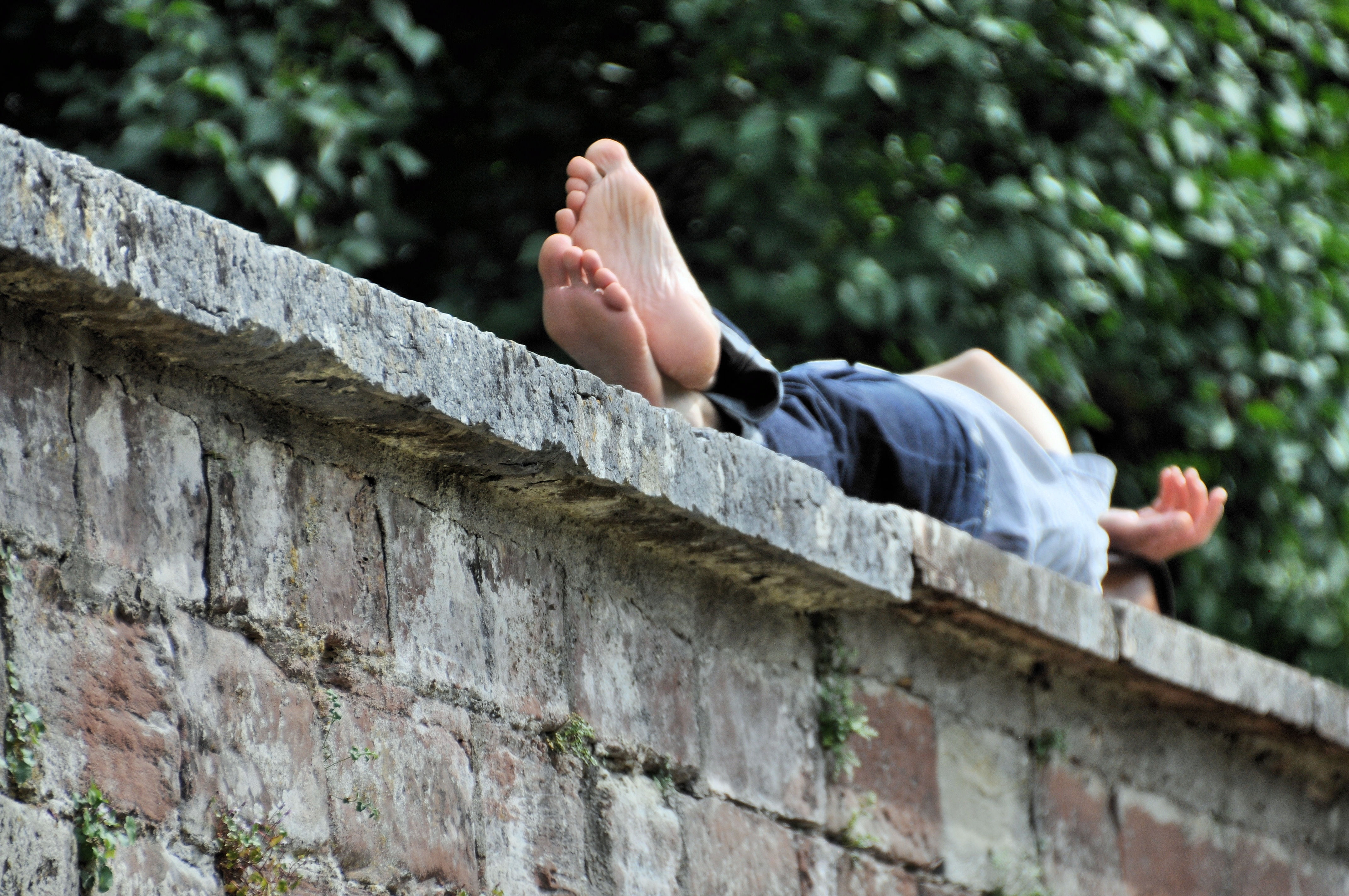 outdoors, body part, child, wall, childhood, low section, summer, green, stone, people, lying down, relax, plant, adult, sleeping, building, rest, human limb, HD Wallpaper