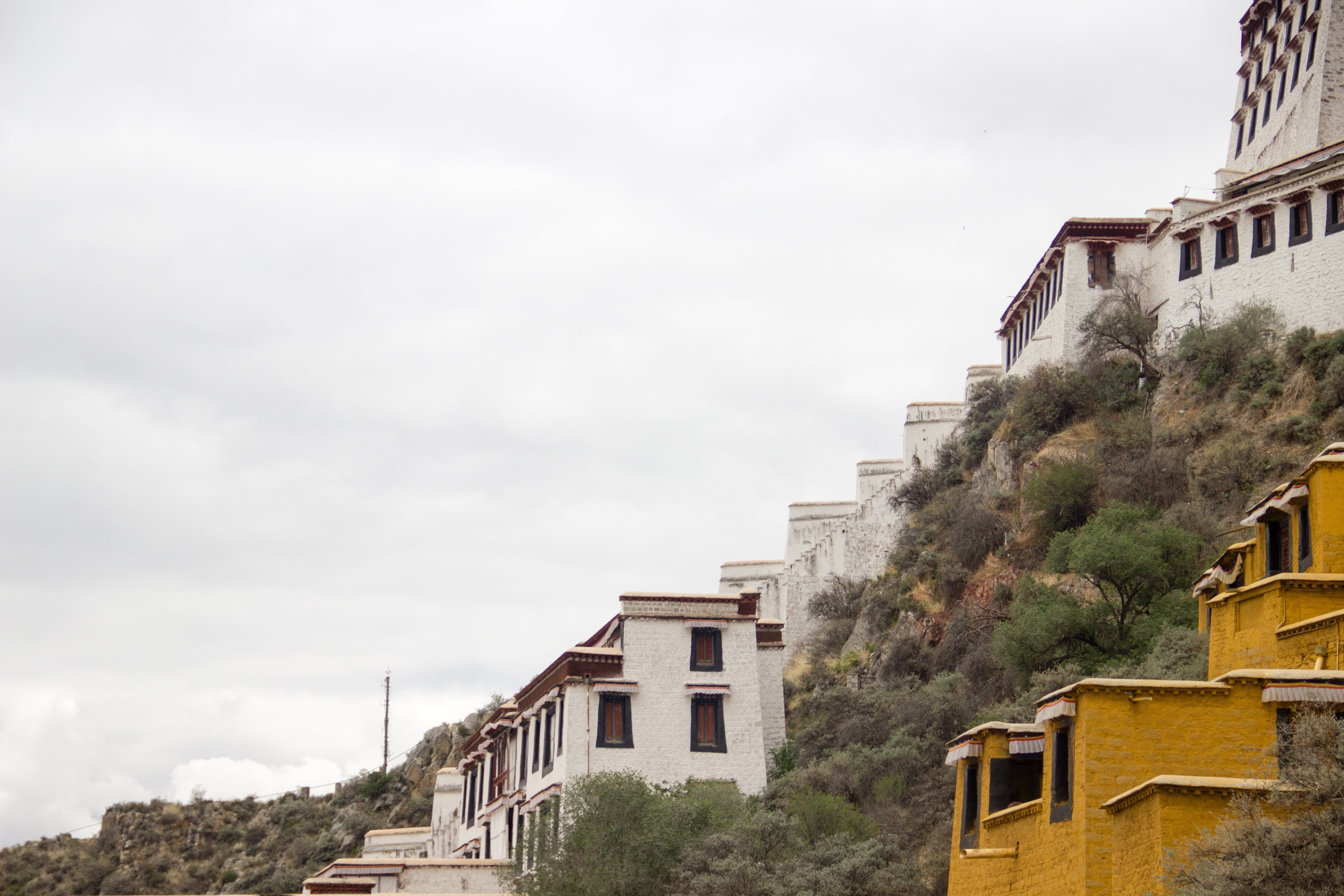 day, sky, low angle view, white cloud, positive, bridge, copy space, architecture, 5K, building, connection, the potala palace, outdoors, plant, no people, HD Wallpaper